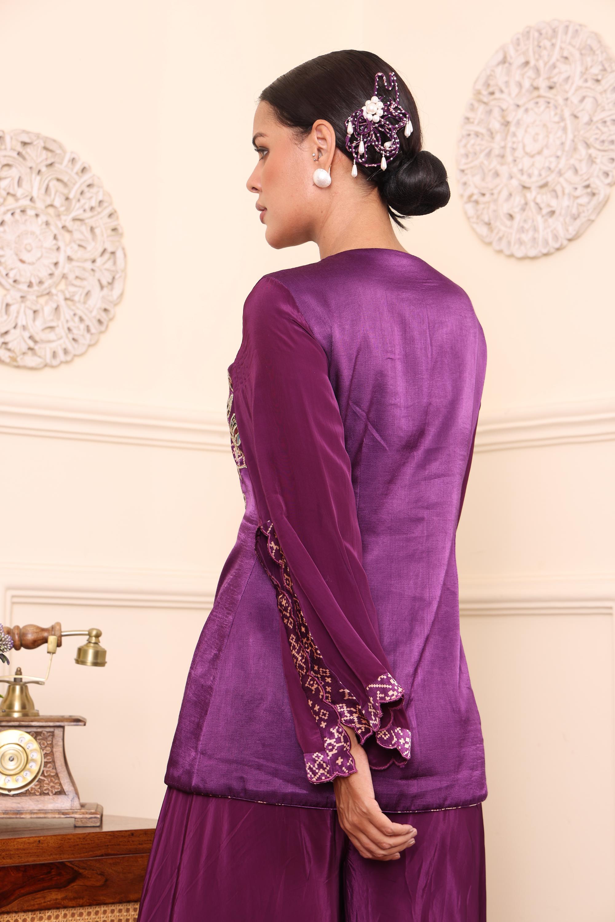 Purple Patchwork One Flap Jacket With Flair Pants