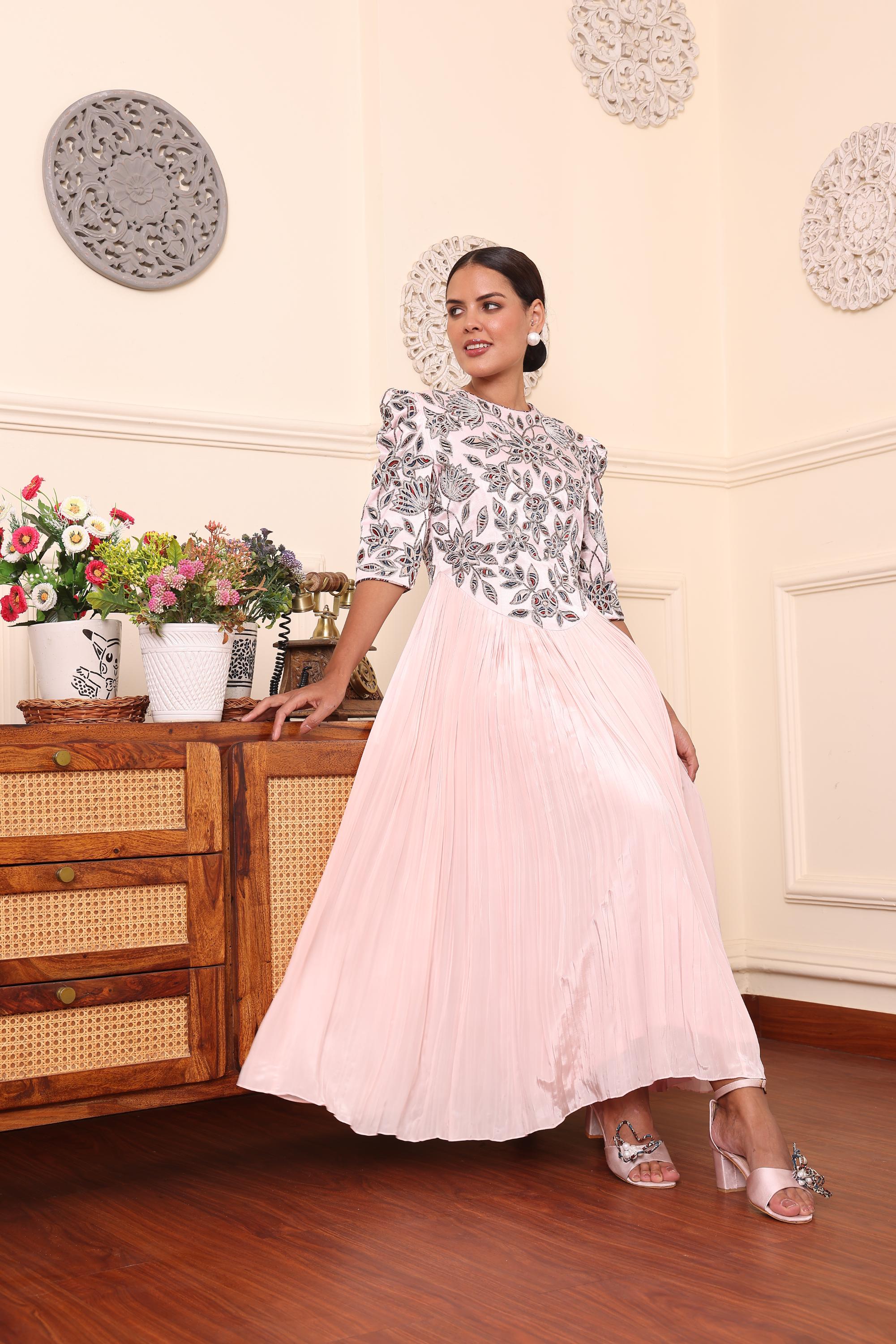 Powder Pink Gathered Dress With Pants