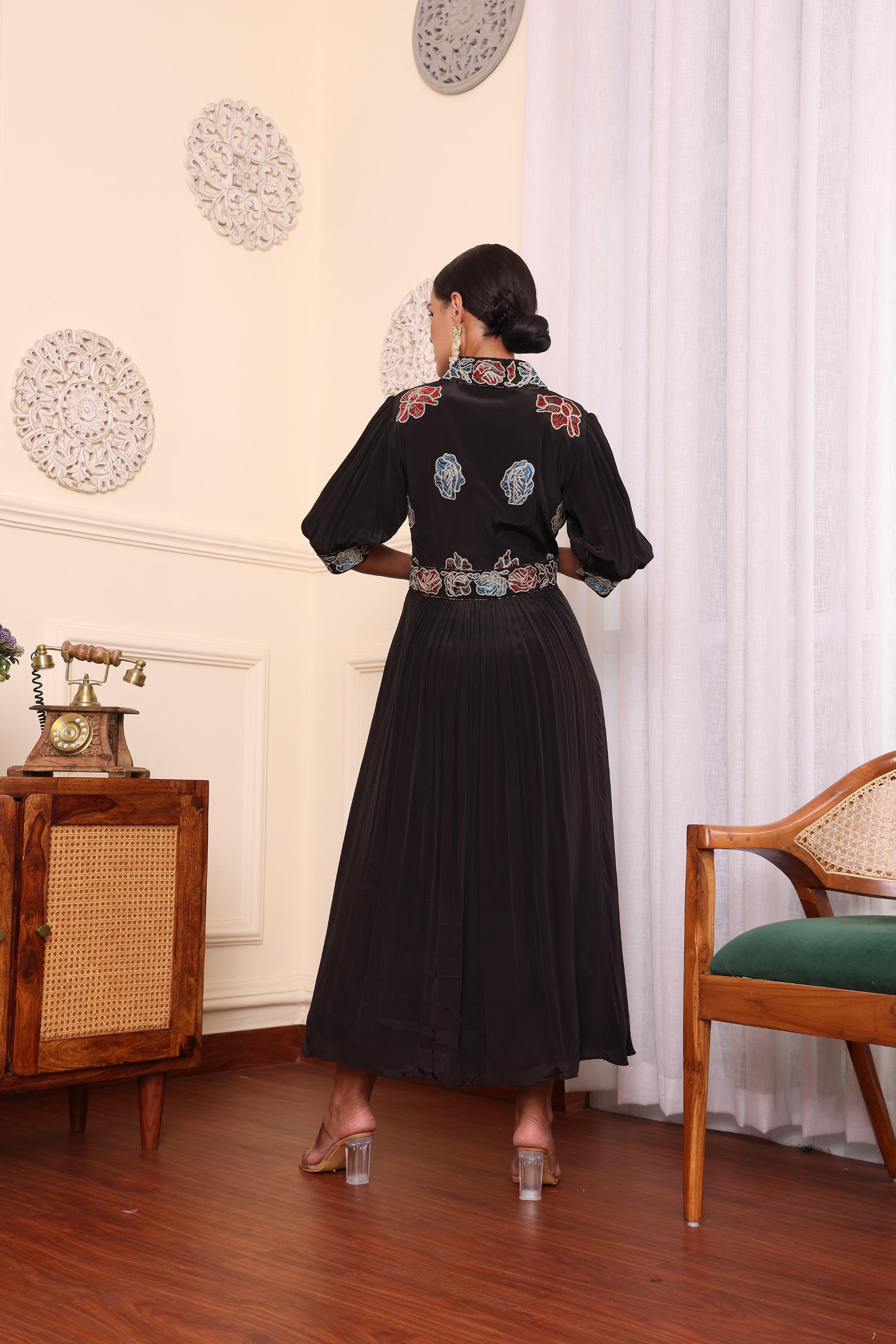 Black Patchwork Gathered Dress With Pant