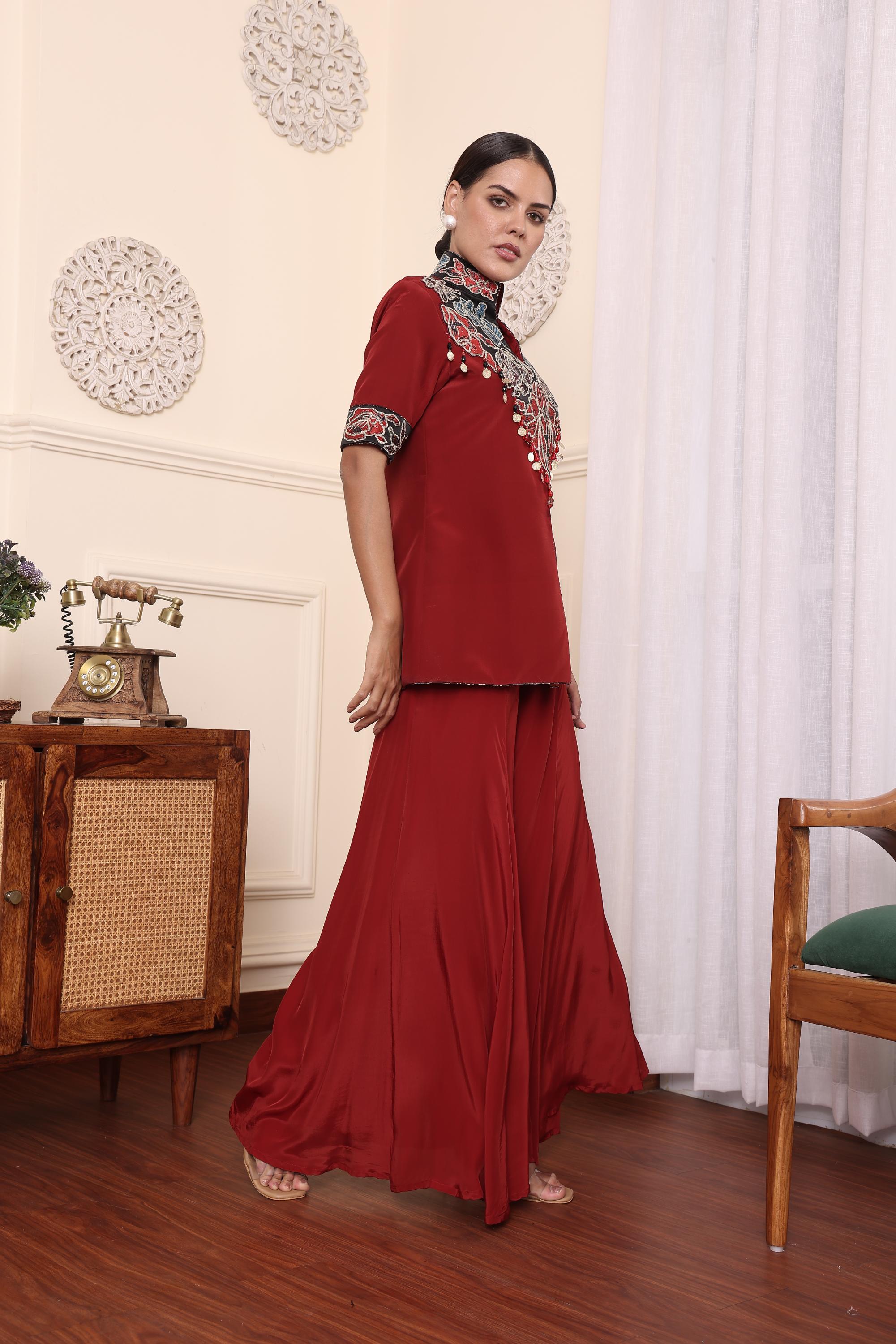 Red Patchwork Jacket With Flair Pants