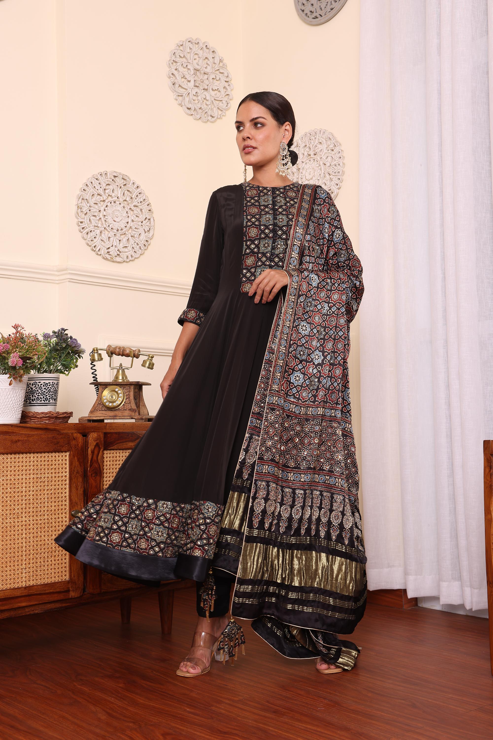 Black Embellished Anarkali With Pant And Dupatta