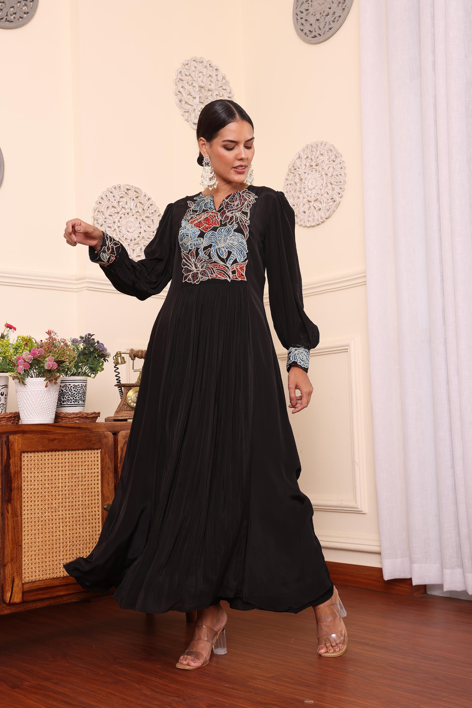 Black Gathered Dress With Pants