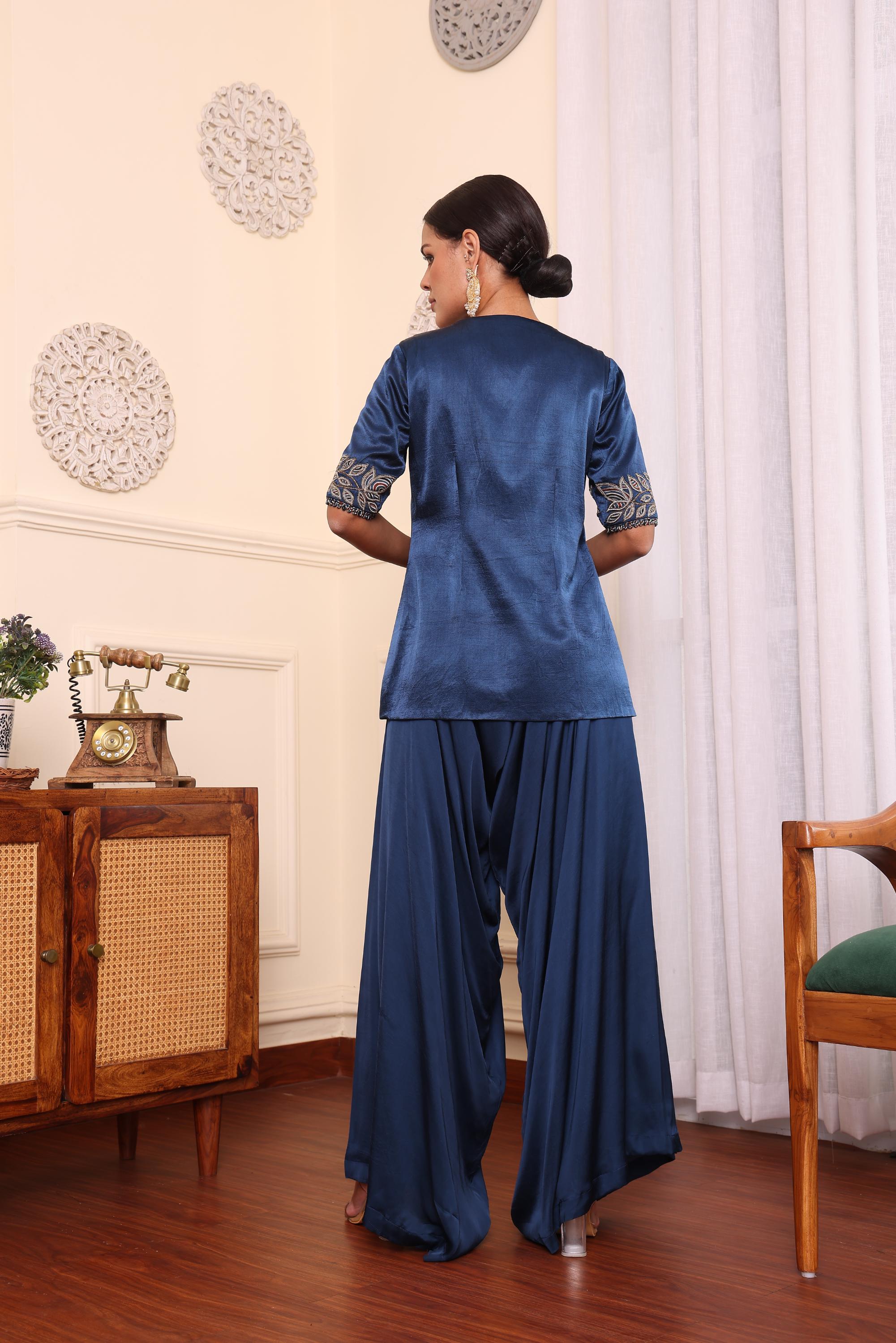 Cobalt Blue Embroidered Jacket With Assymetric Pants