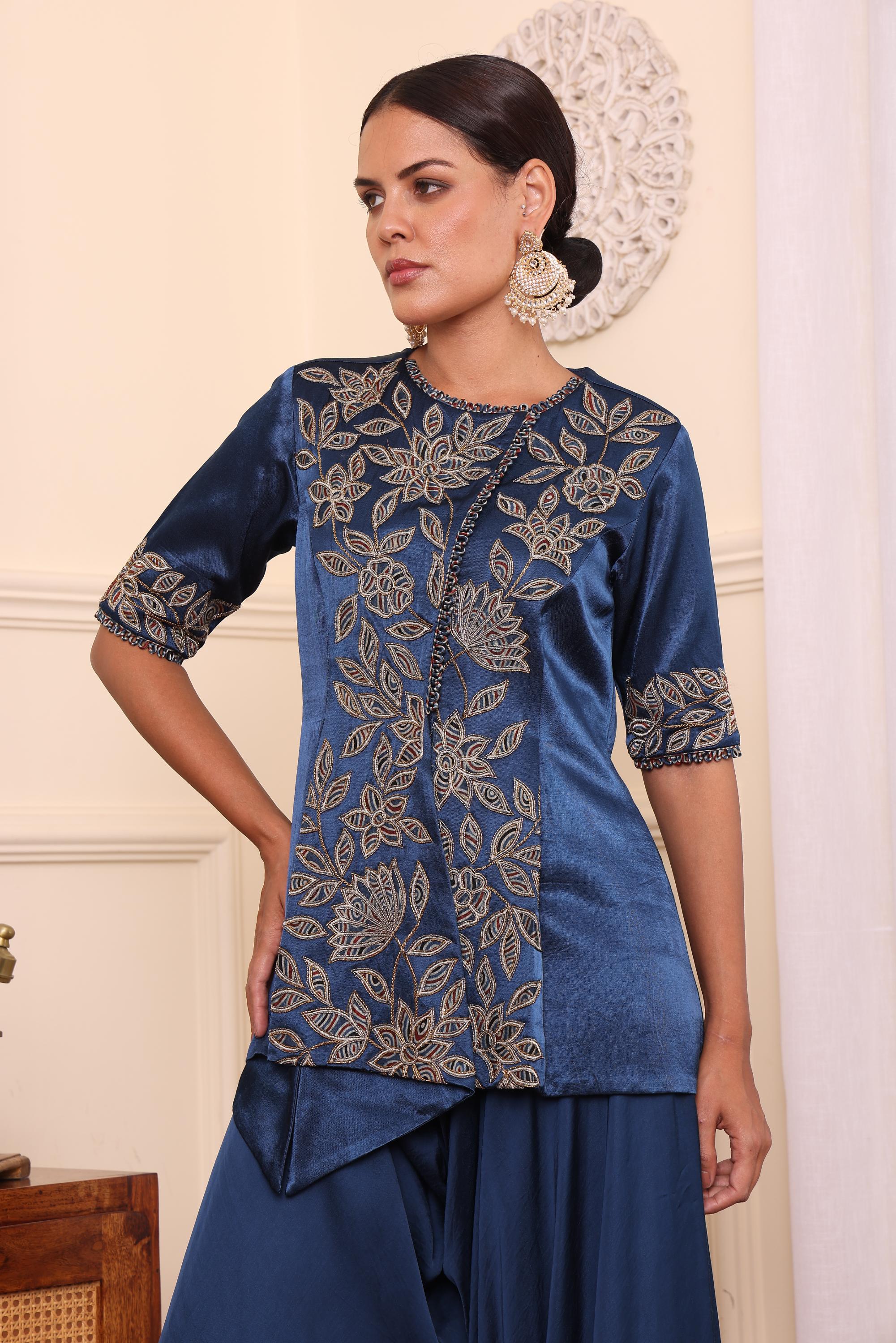 Cobalt Blue Embroidered Jacket With Assymetric Pants