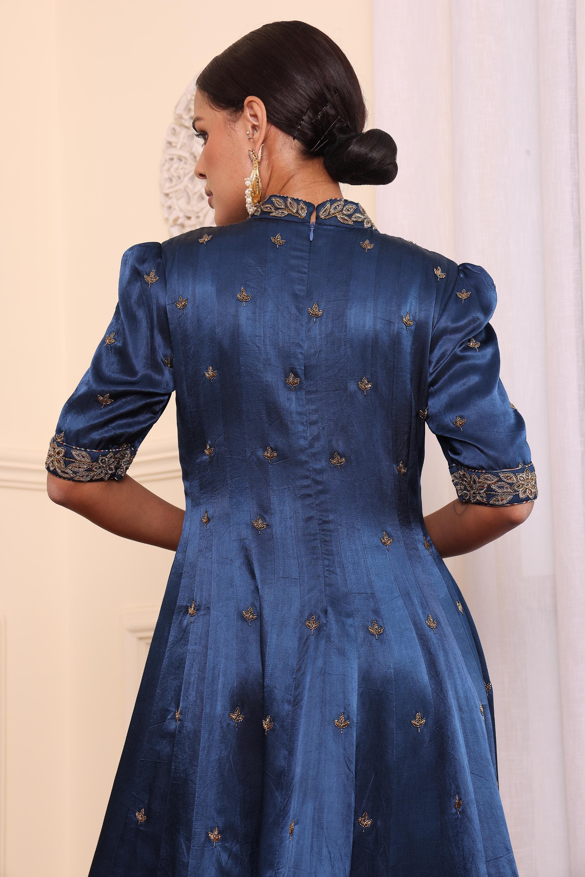 Cobalt Blue Patchwork Anarkali With Tulip pant and Dupatta