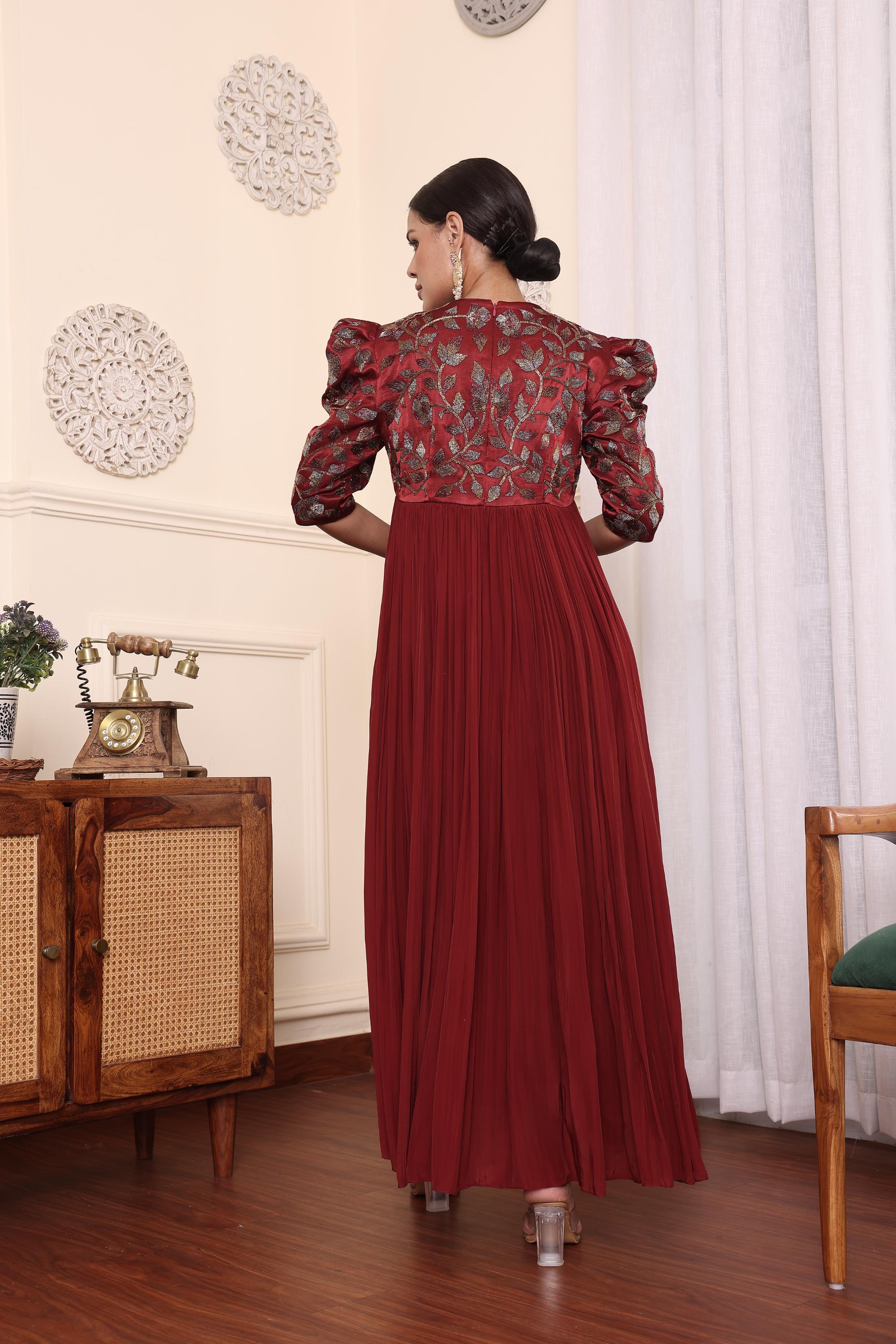 Maroon Embellished Gathered Dress With Pants