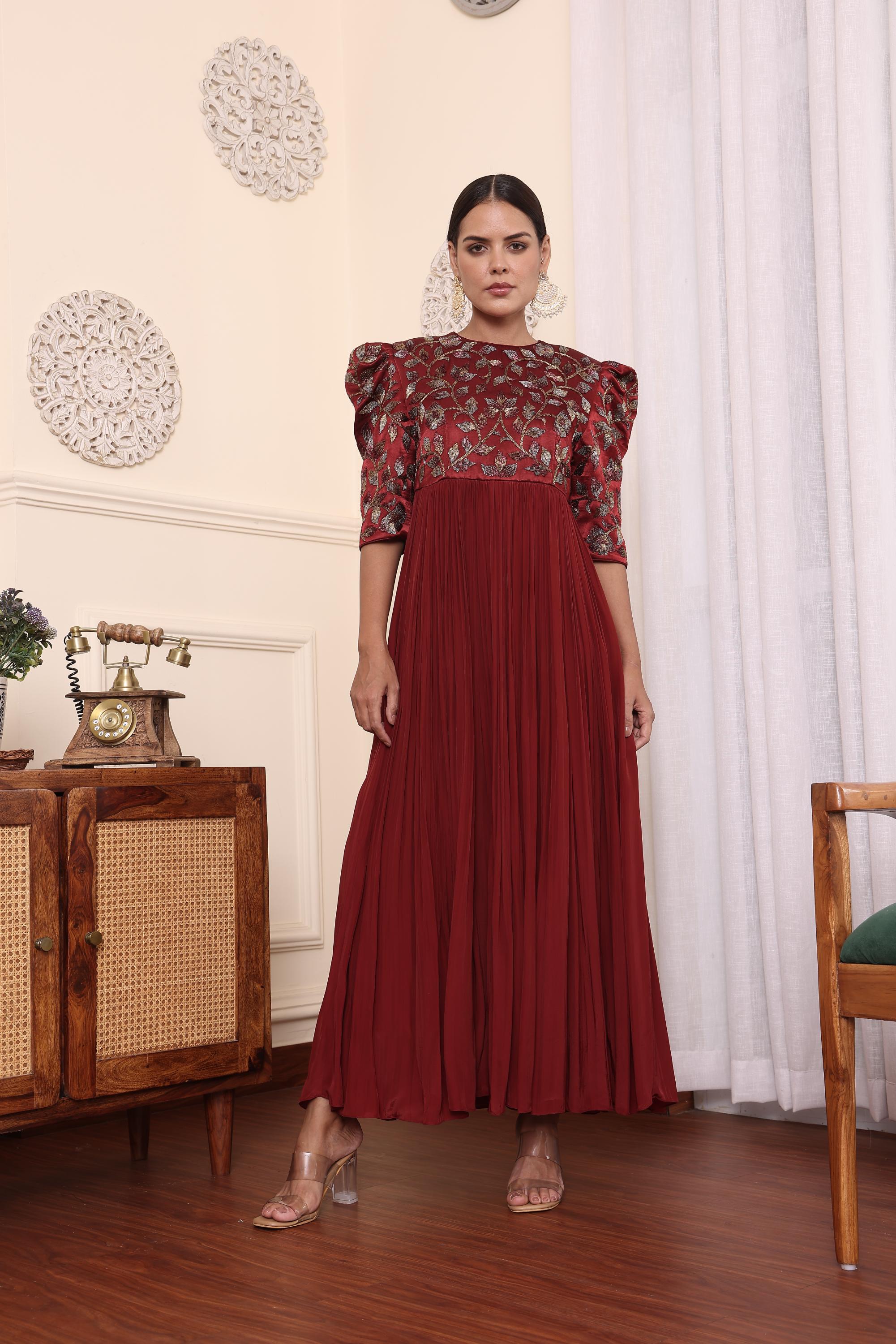Maroon Embellished Gathered Dress With Pants