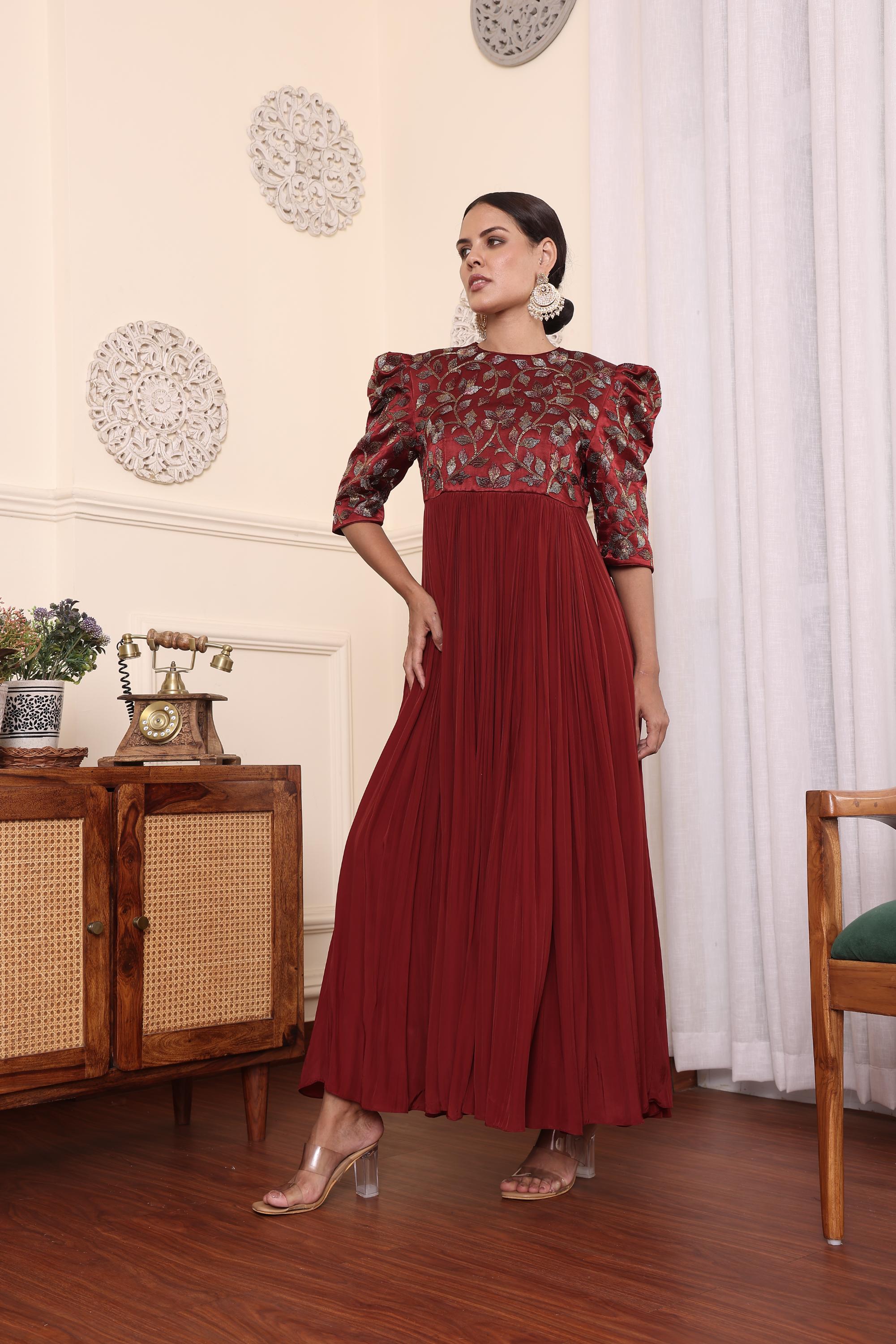 Maroon Embellished Gathered Dress With Pants