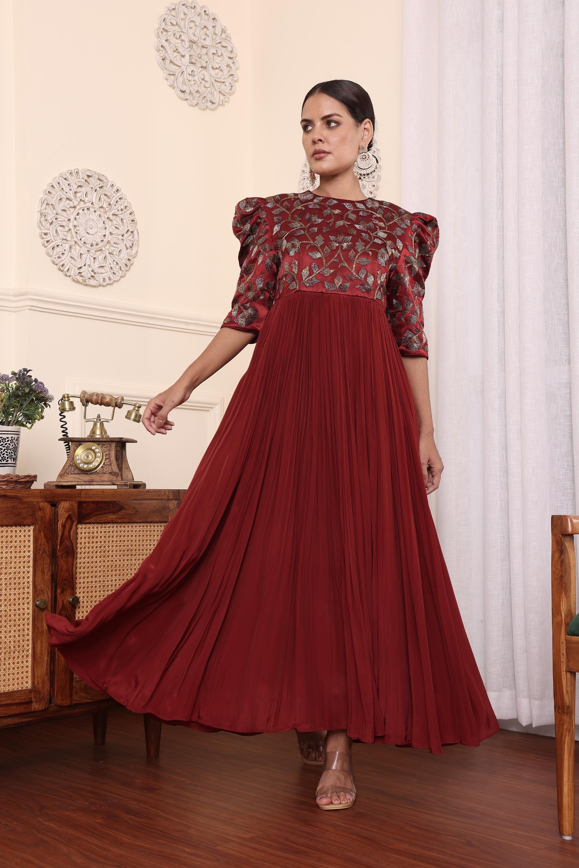 Maroon Embellished Gathered Dress With Pants