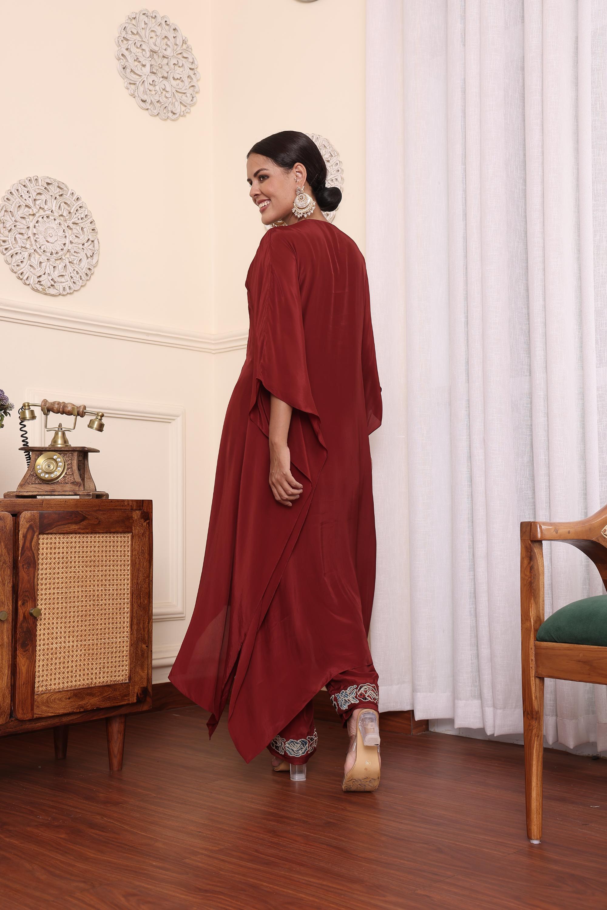 Maroon Patchwork Kaftan With Pants