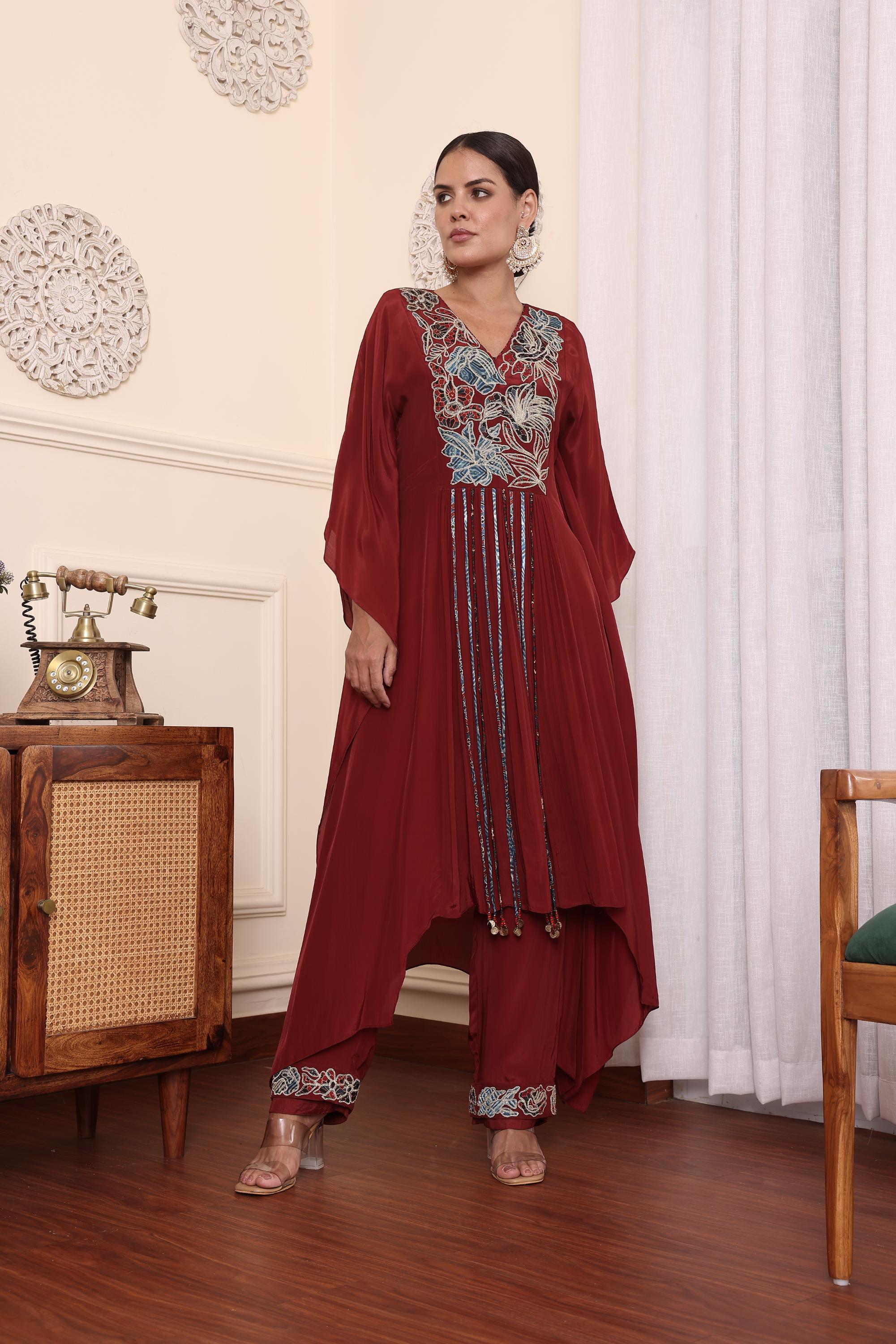 Maroon Patchwork Kaftan With Pants