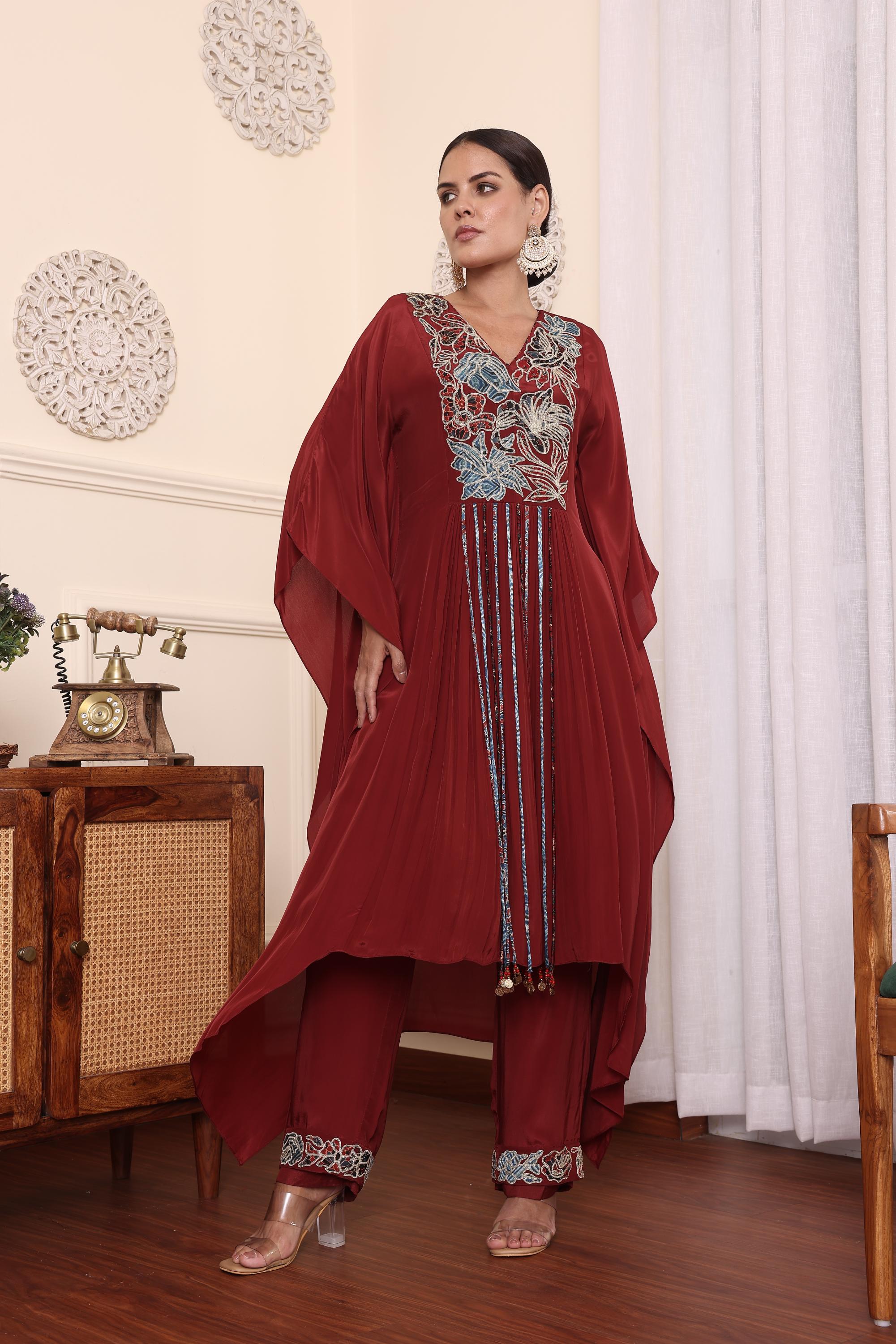Maroon Patchwork Kaftan With Pants