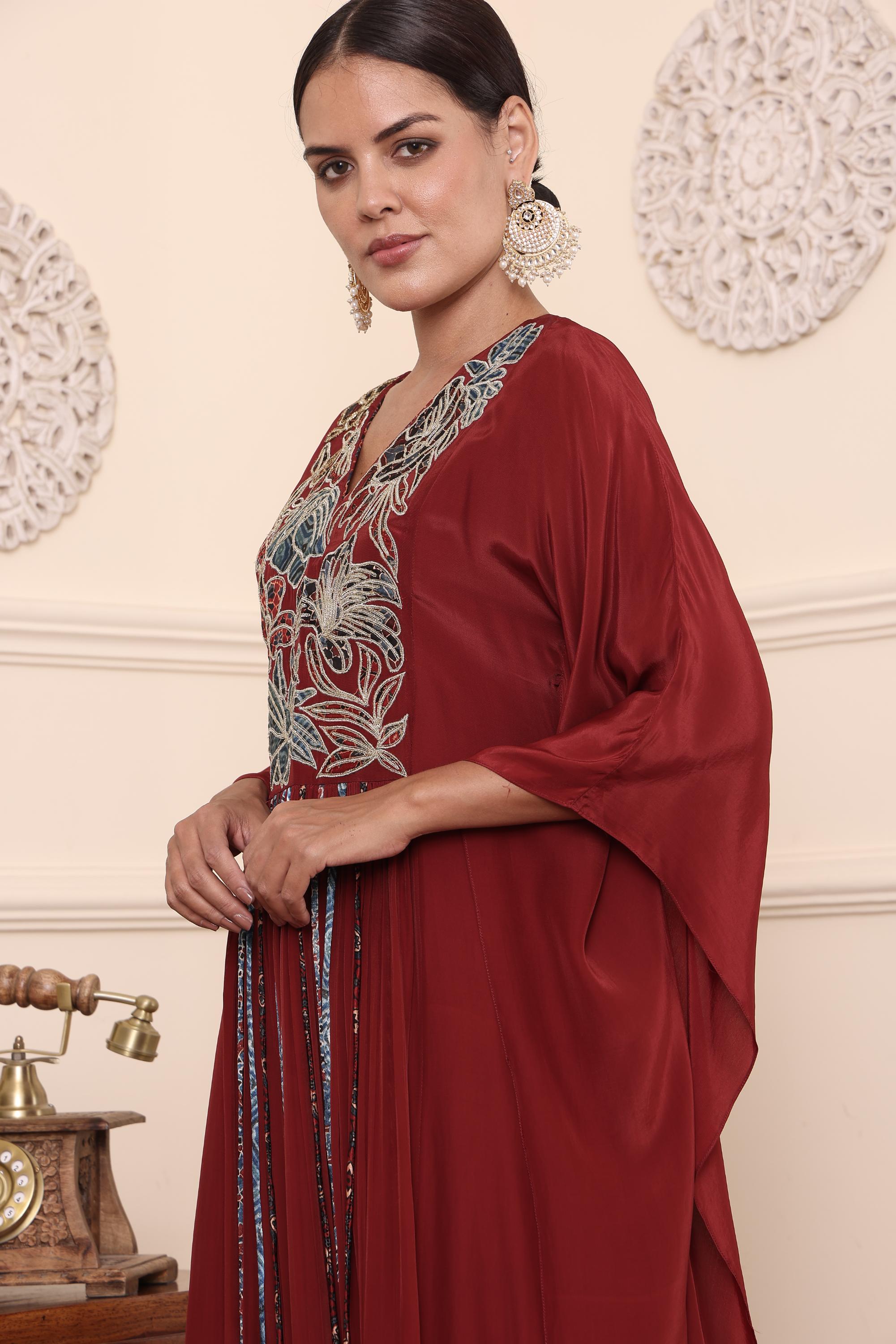 Maroon Patchwork Kaftan With Pants