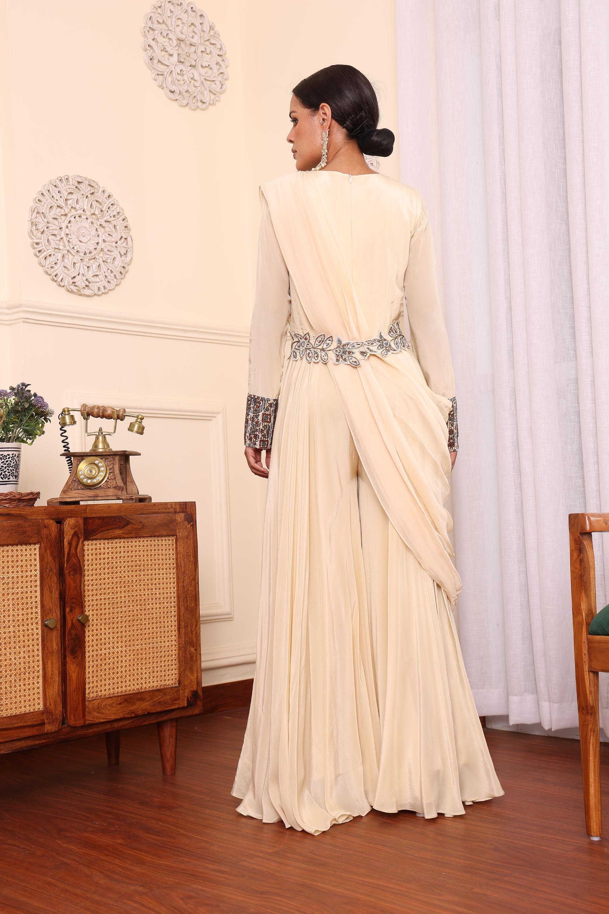 Biege Jumpsuit With Draped Dupatta