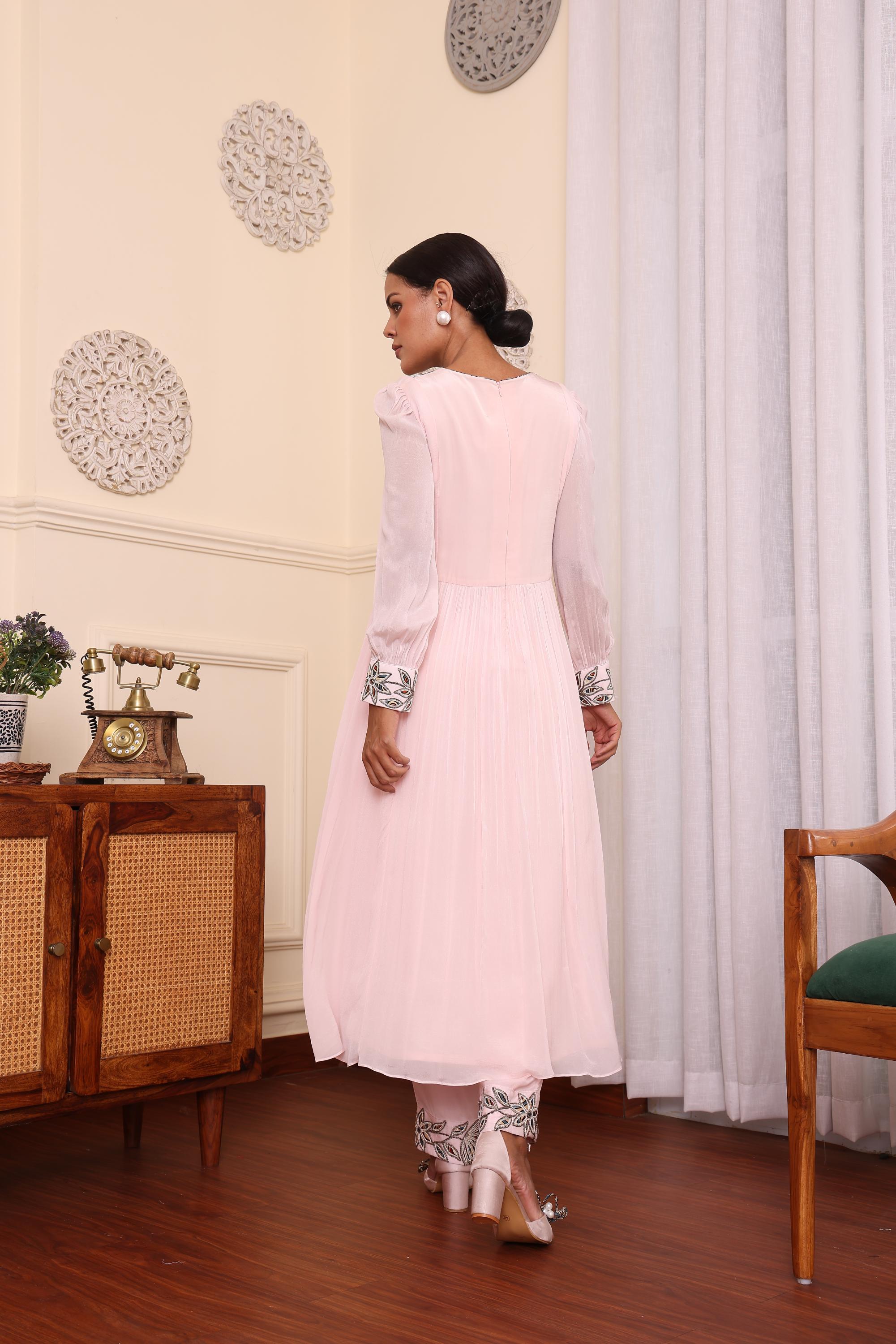 Powder Pink Pleated Dress With Pants