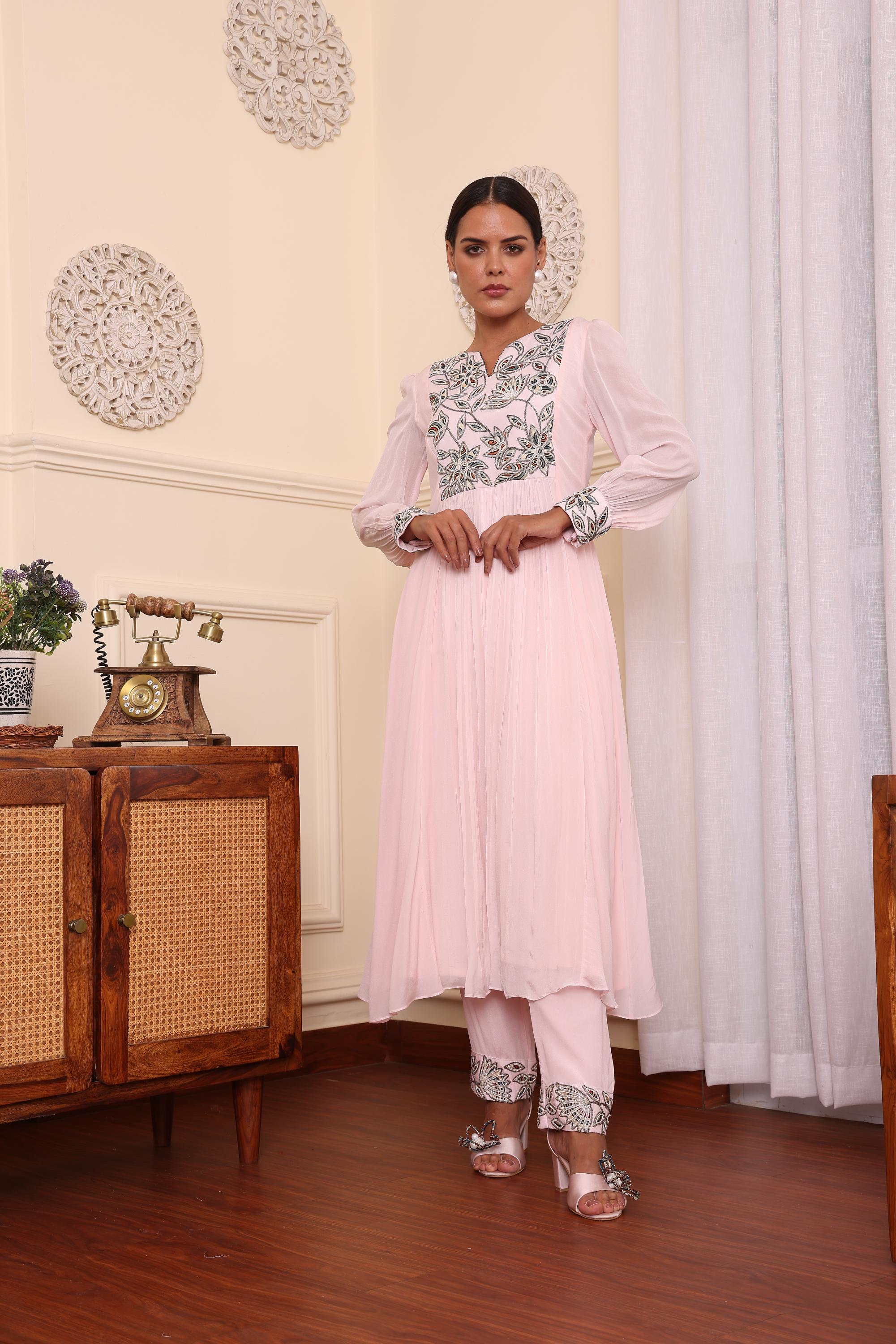 Powder Pink Pleated Dress With Pants