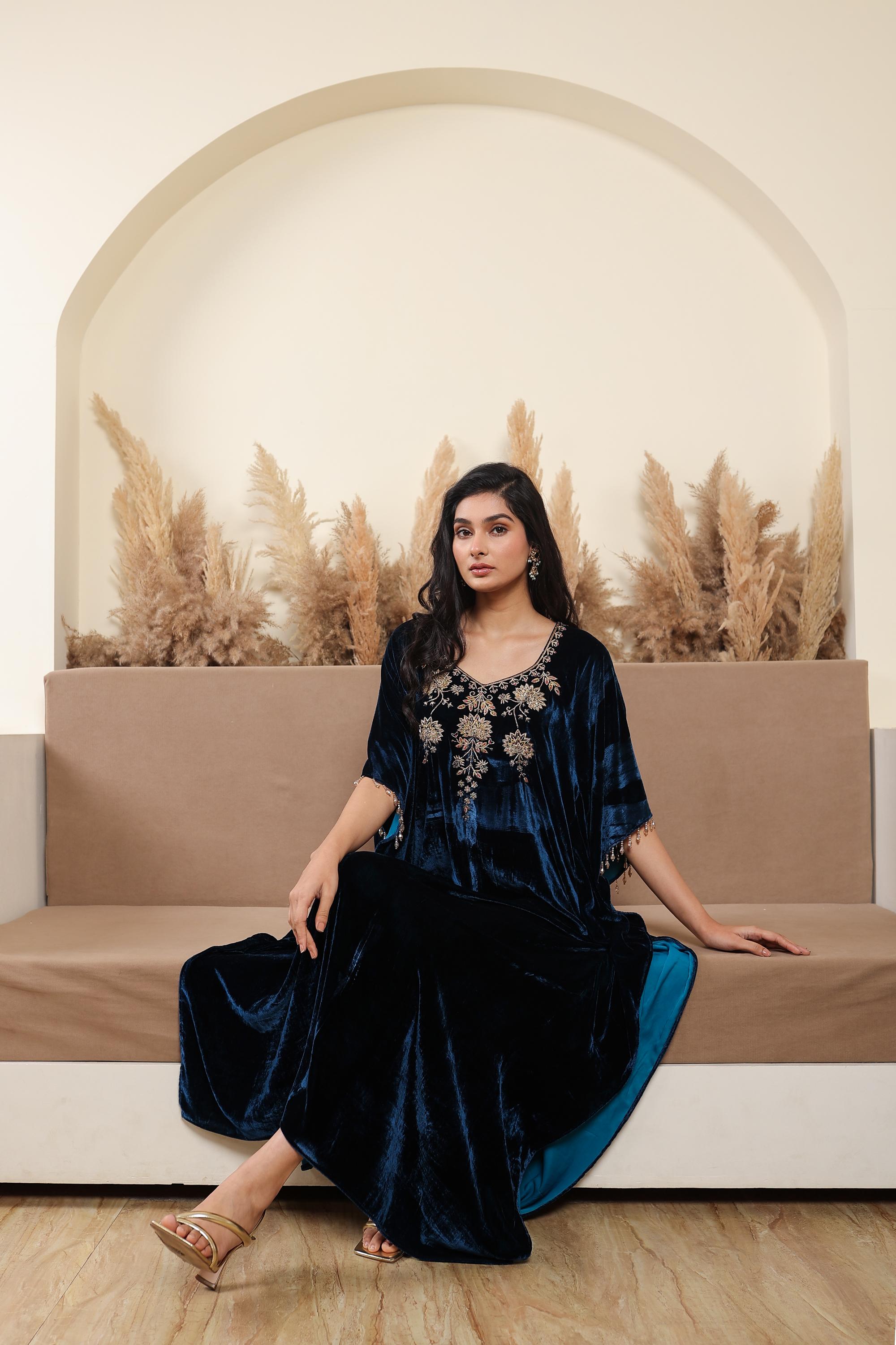 AFREEN : Blue Embroidered Kaftan