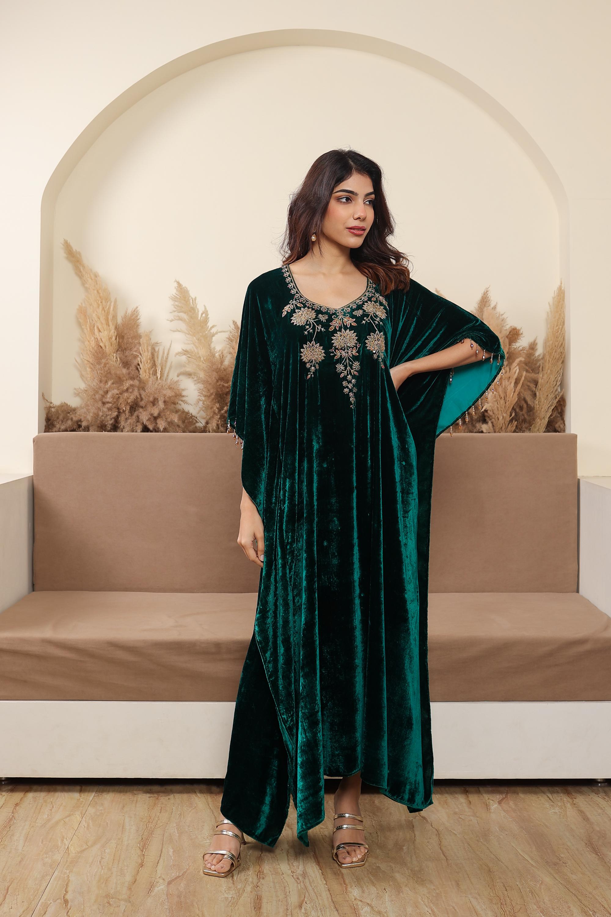 AFREEN:Green Embroidered Kaftaan