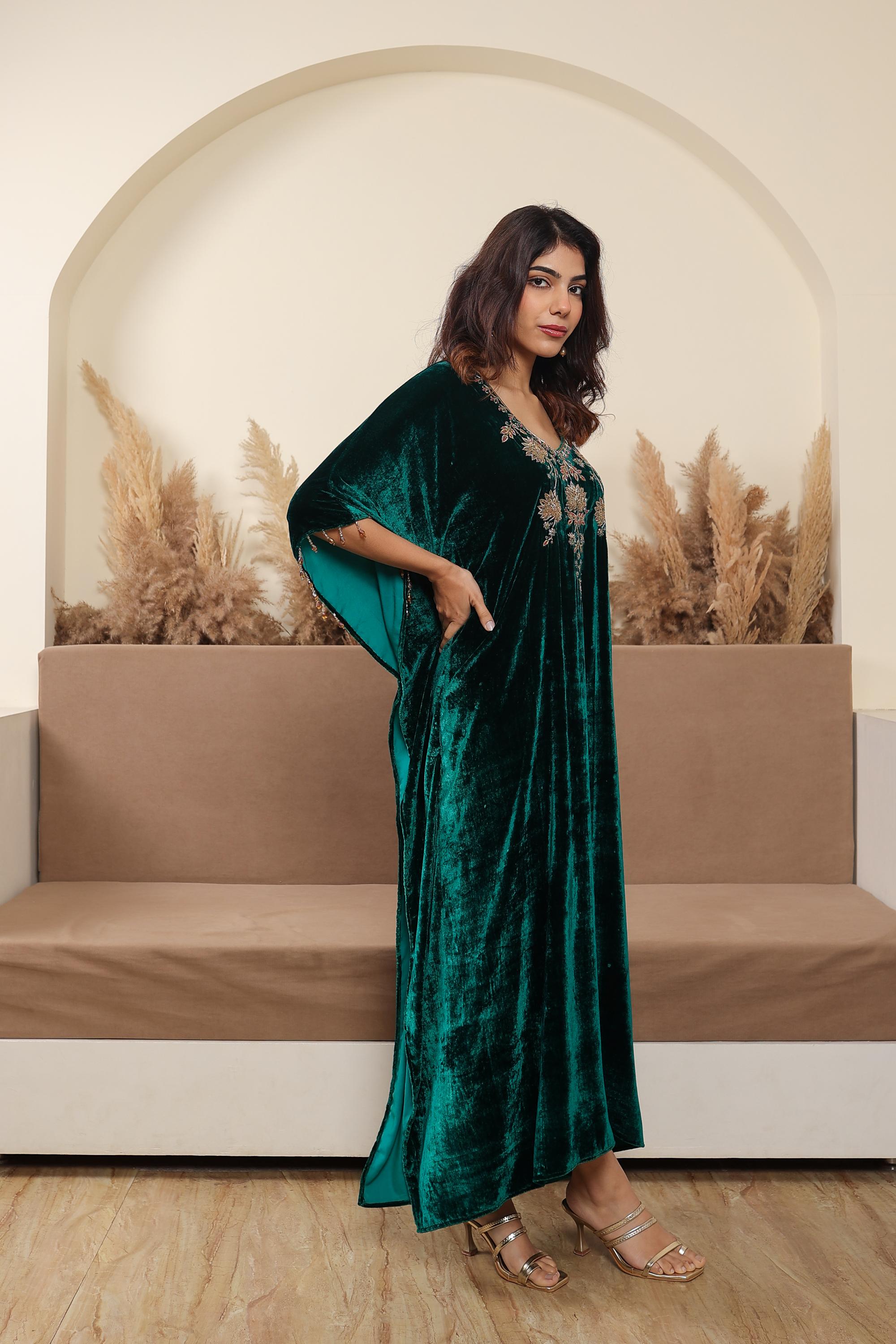 AFREEN:Green Embroidered Kaftaan