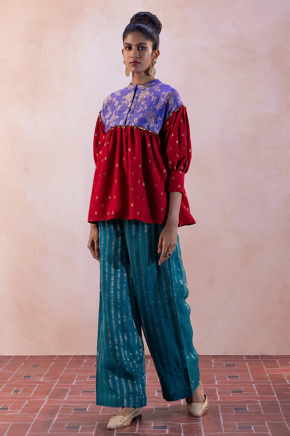 Moonga Silk Buty Flare Top with Zari Tissue Yoke & Flare Pants