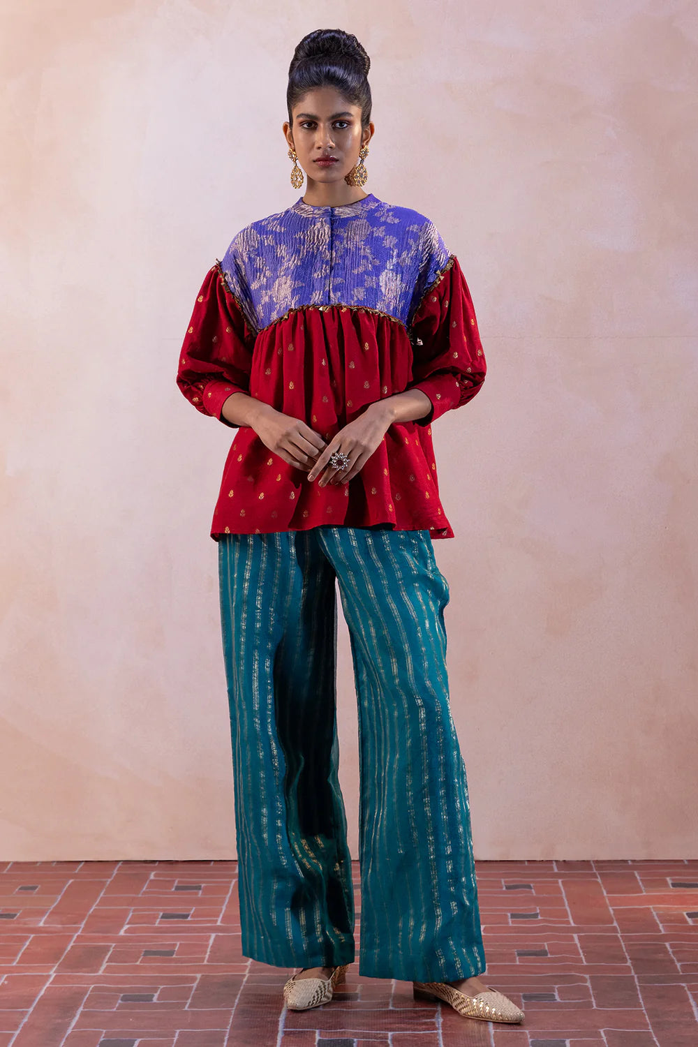 Moonga Silk Buty Flare Top with Zari Tissue Yoke & Flare Pants