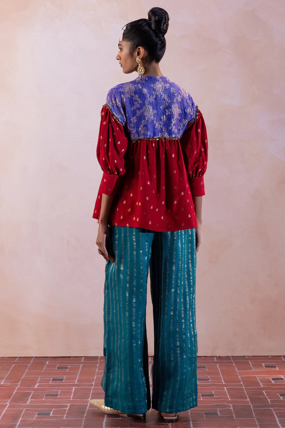 Moonga Silk Buty Flare Top with Zari Tissue Yoke & Flare Pants