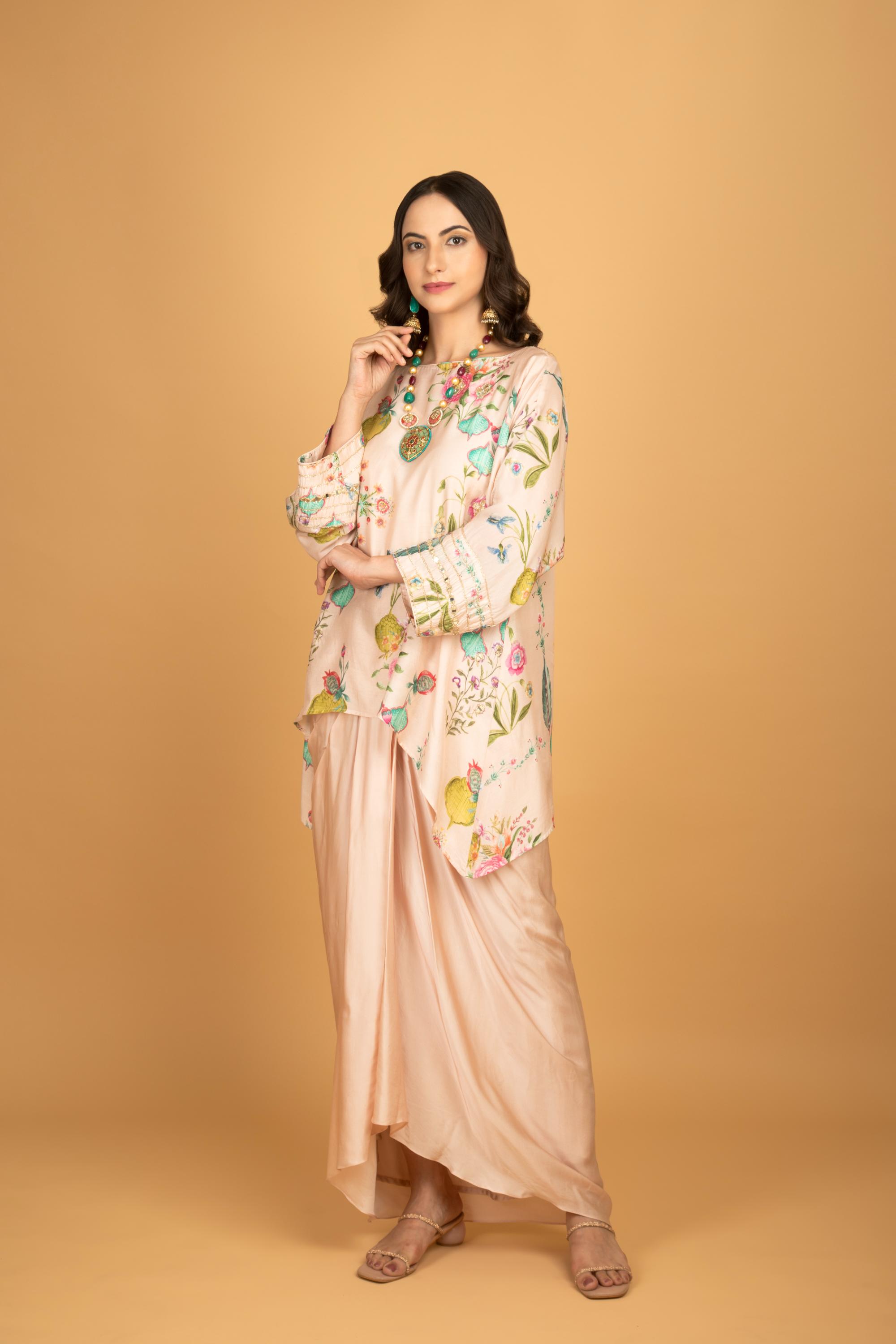 Nude Pink Printed Embroidered High Low Top W/Drape Skirt