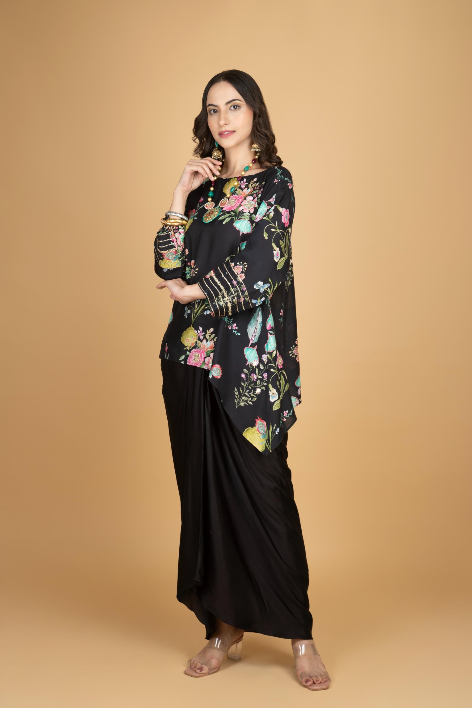Black Printed Embroidered High Low Top W/Drape Skirt