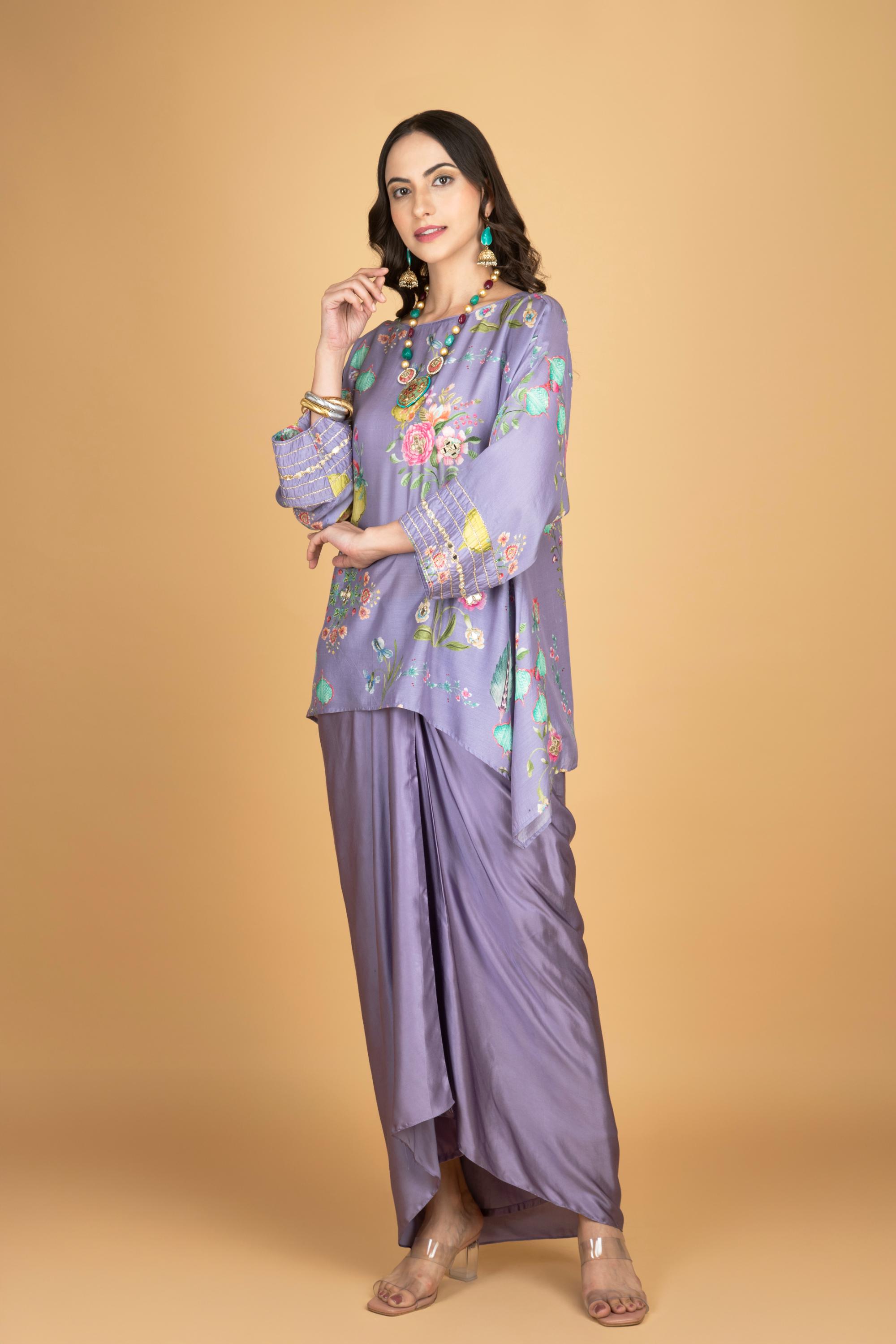 Purple Printed Embroidered High Low Top W/Drape Skirt