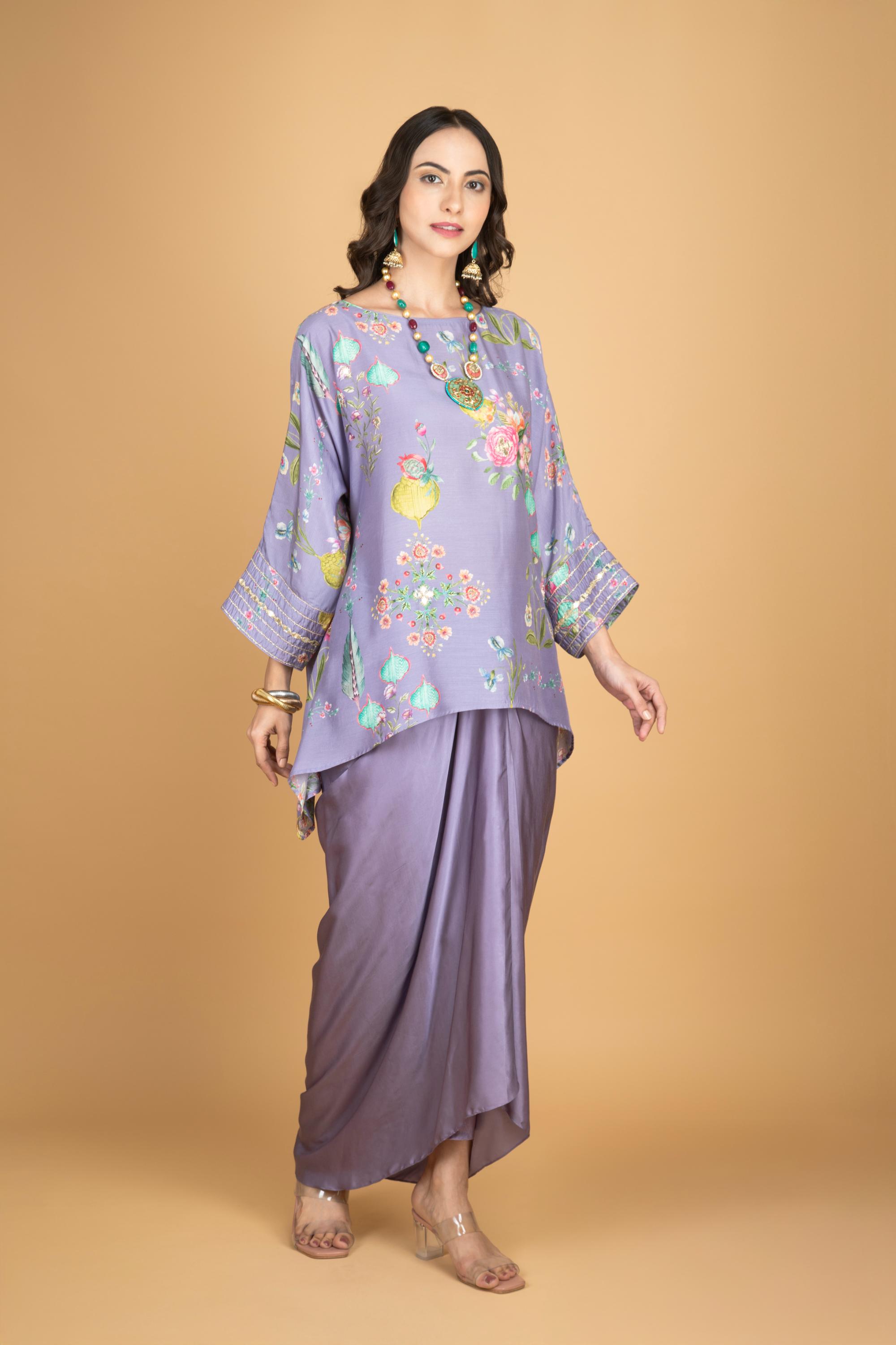 Purple Printed Embroidered High Low Top W/Drape Skirt