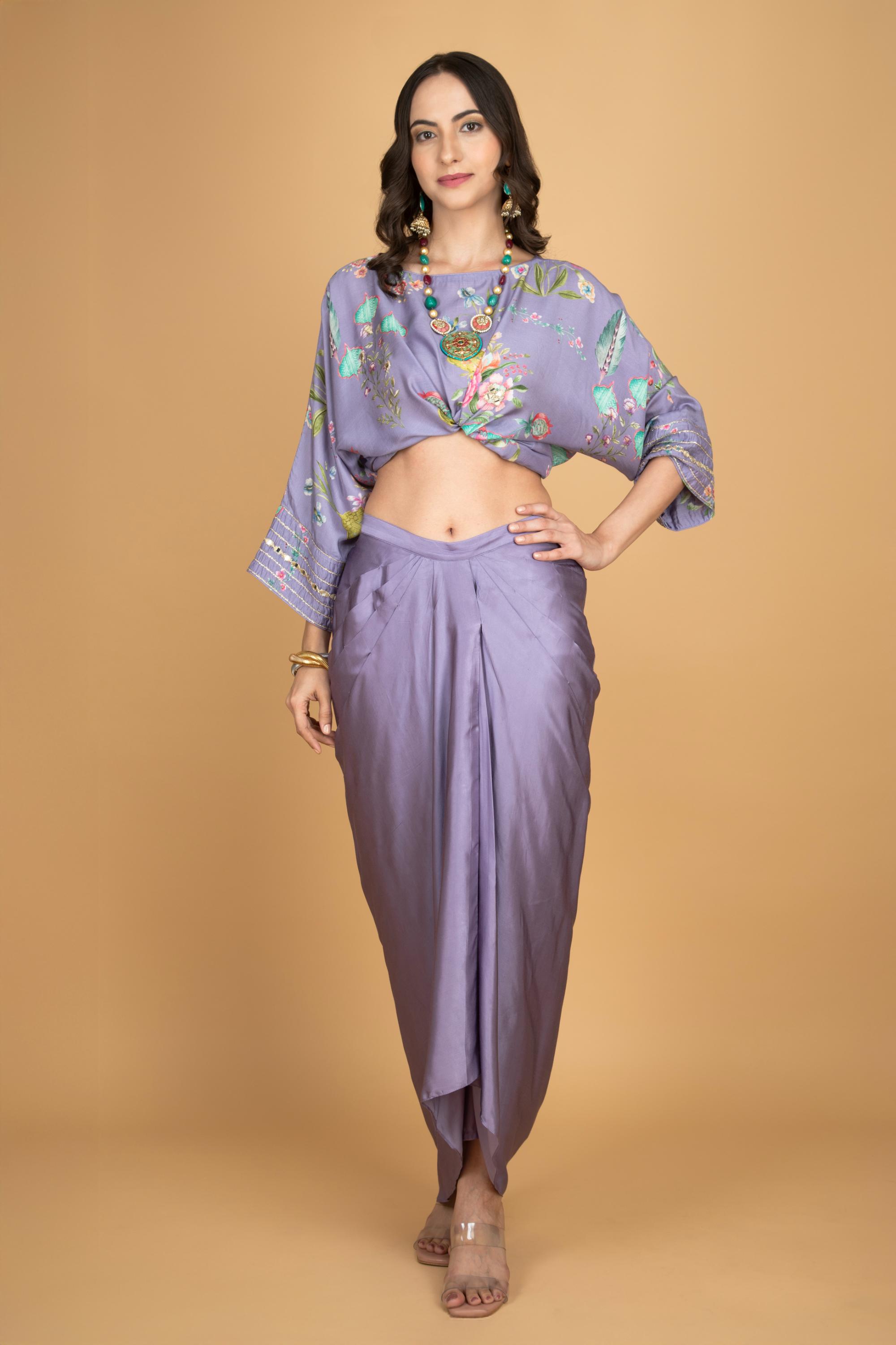 Purple Printed Embroidered High Low Top W/Drape Skirt