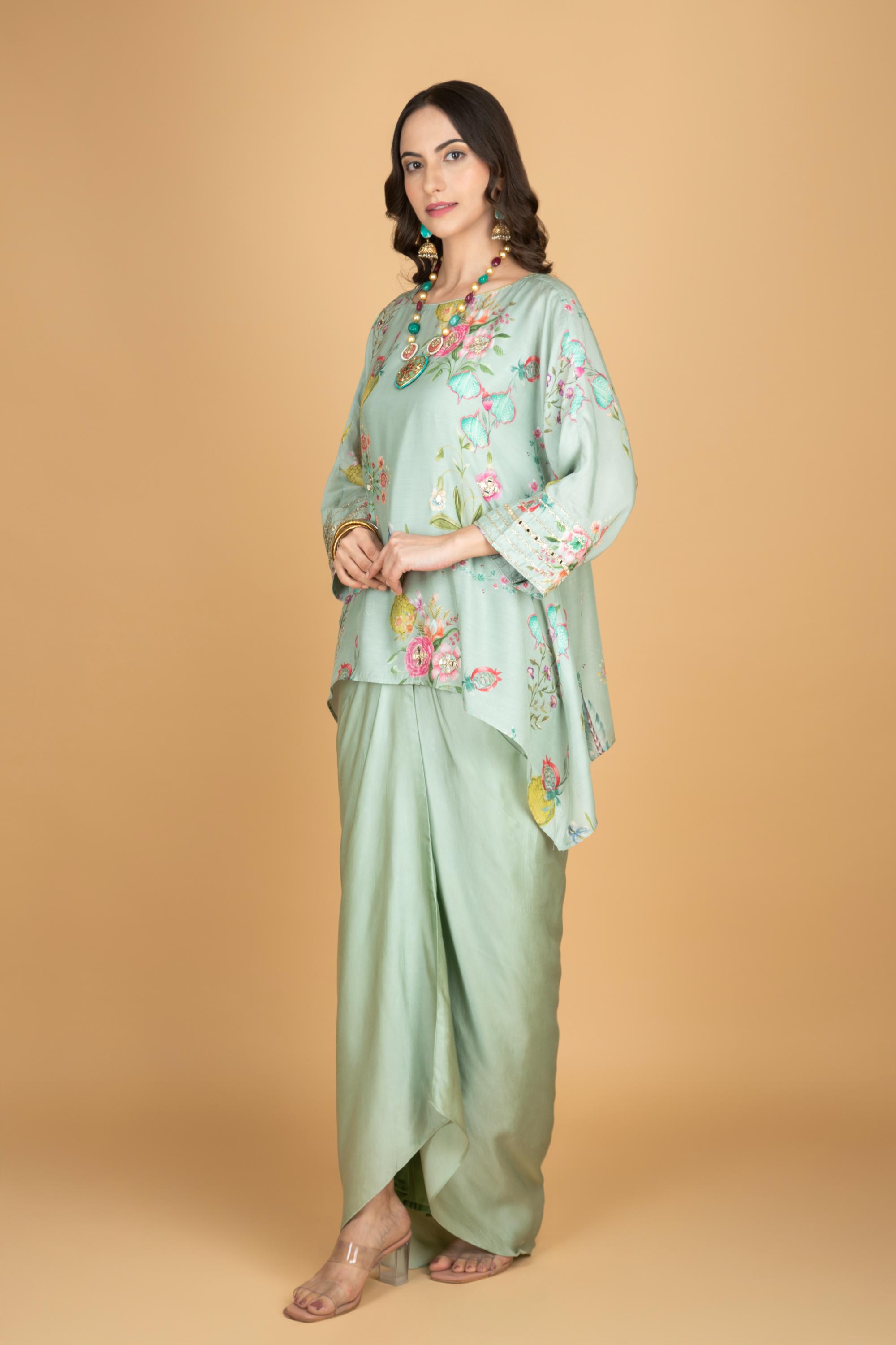 Green Printed Embroidered High Low Top W/Drape Skirt