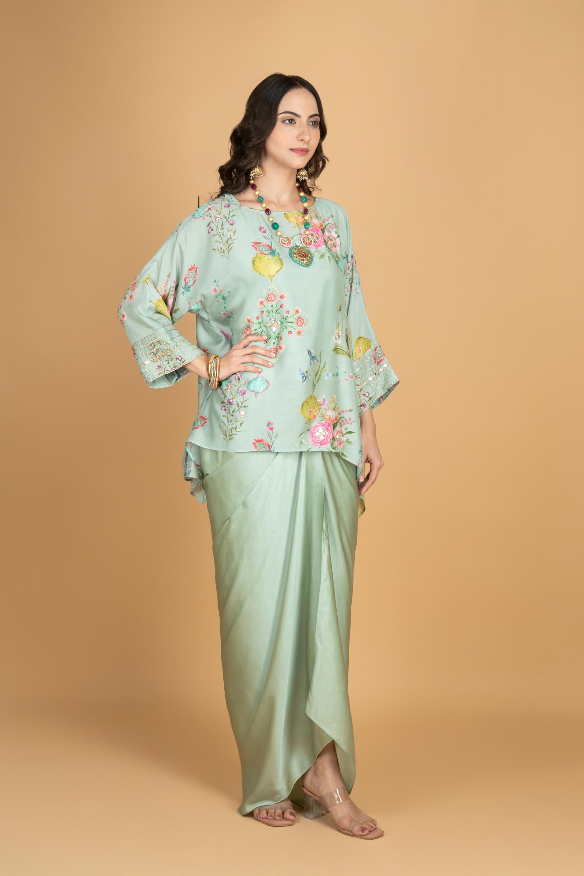 Green Printed Embroidered High Low Top W/Drape Skirt