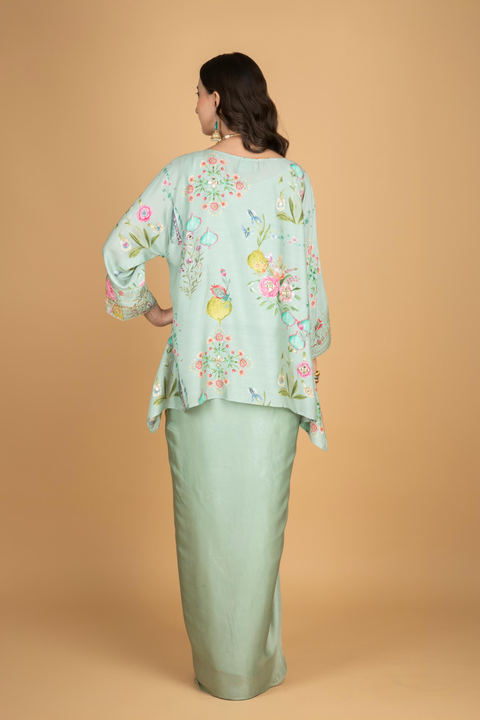 Green Printed Embroidered High Low Top W/Drape Skirt