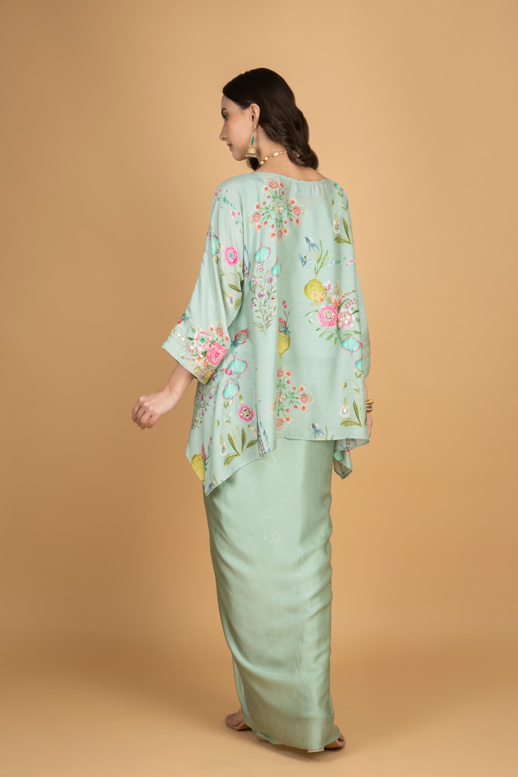 Green Printed Embroidered High Low Top W/Drape Skirt