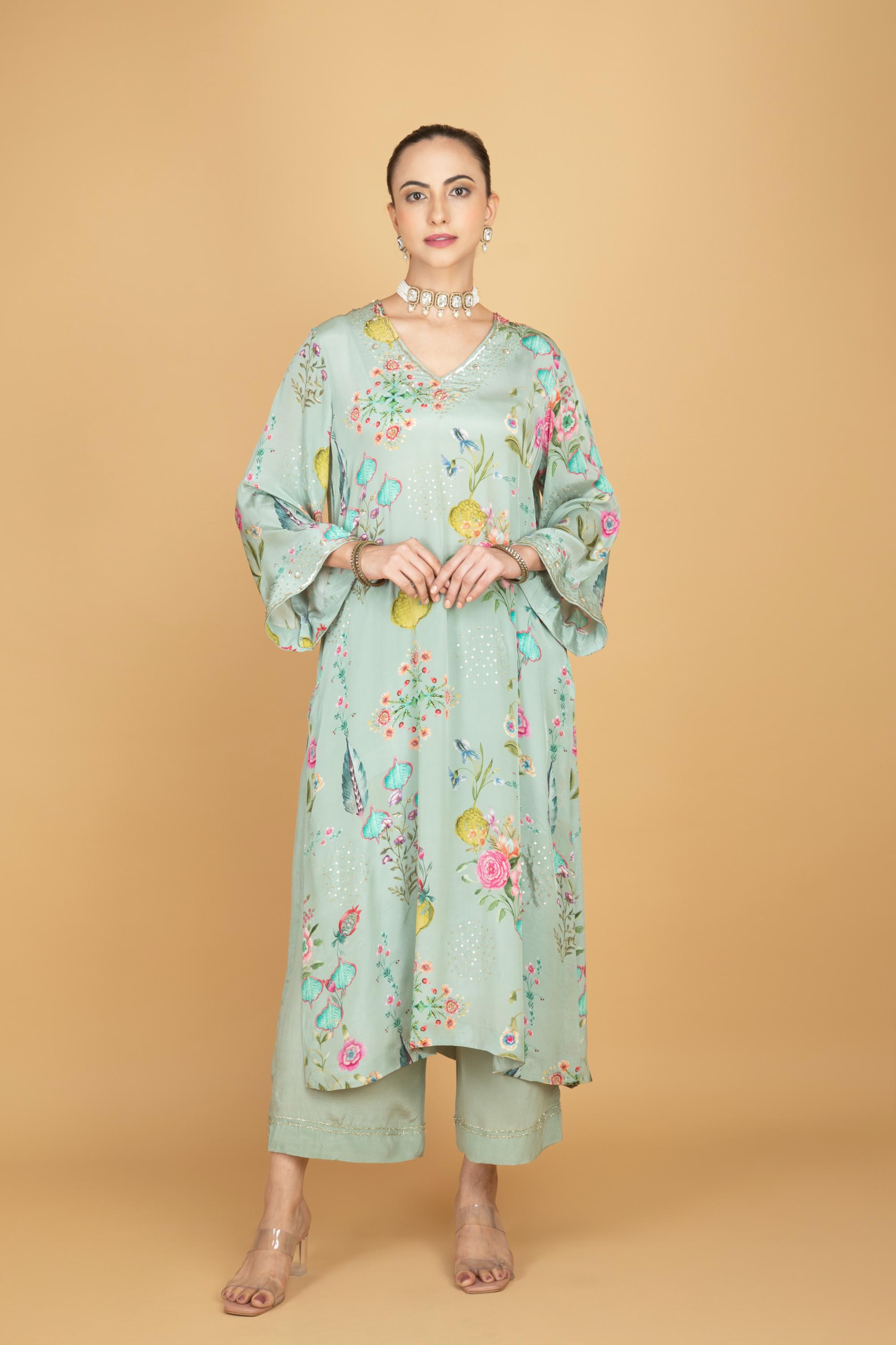 Green Floral Printed Sequin Embroidery Kurta with Pant & Dupatta Set
