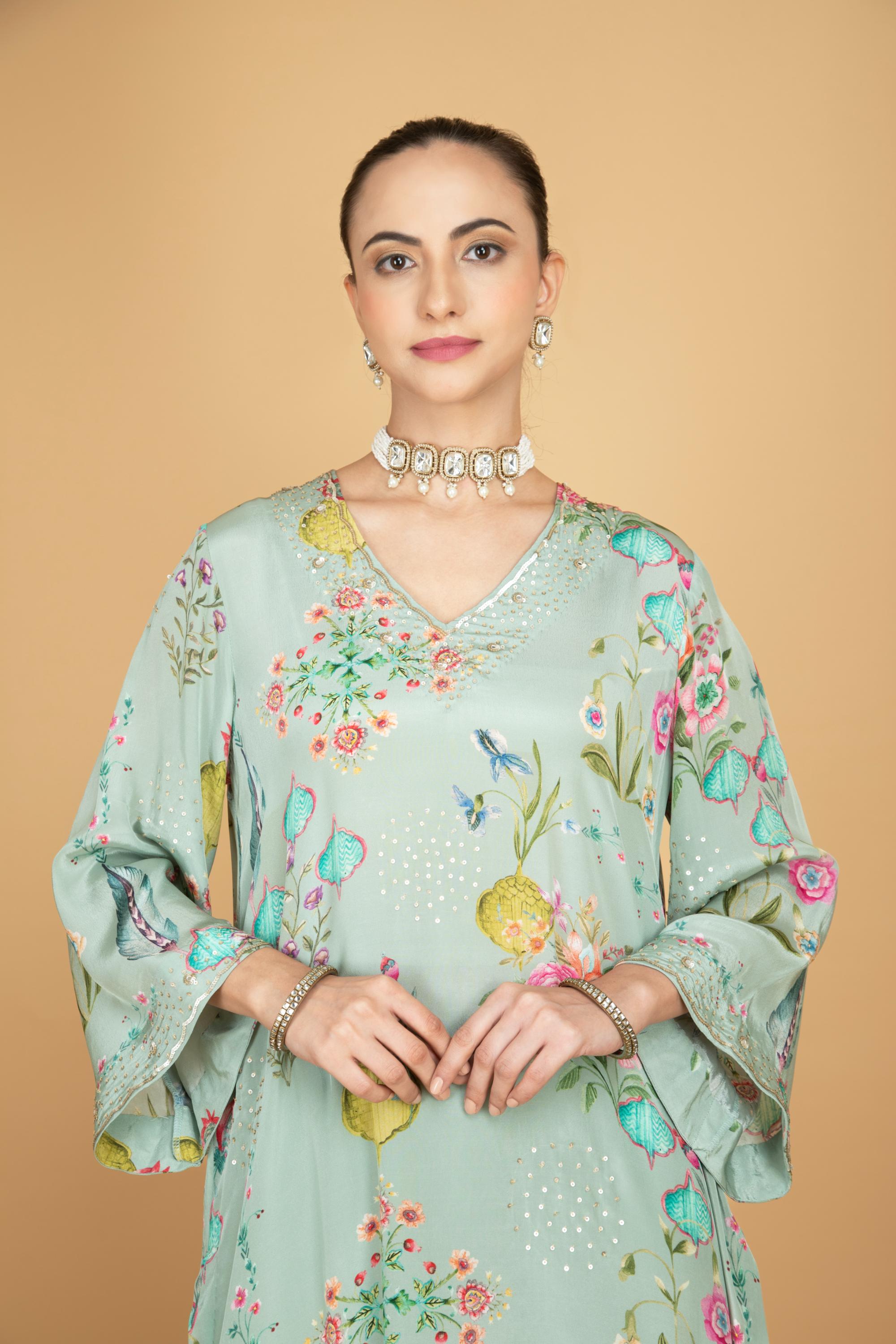 Green Floral Printed Sequin Embroidery Kurta with Pant & Dupatta Set