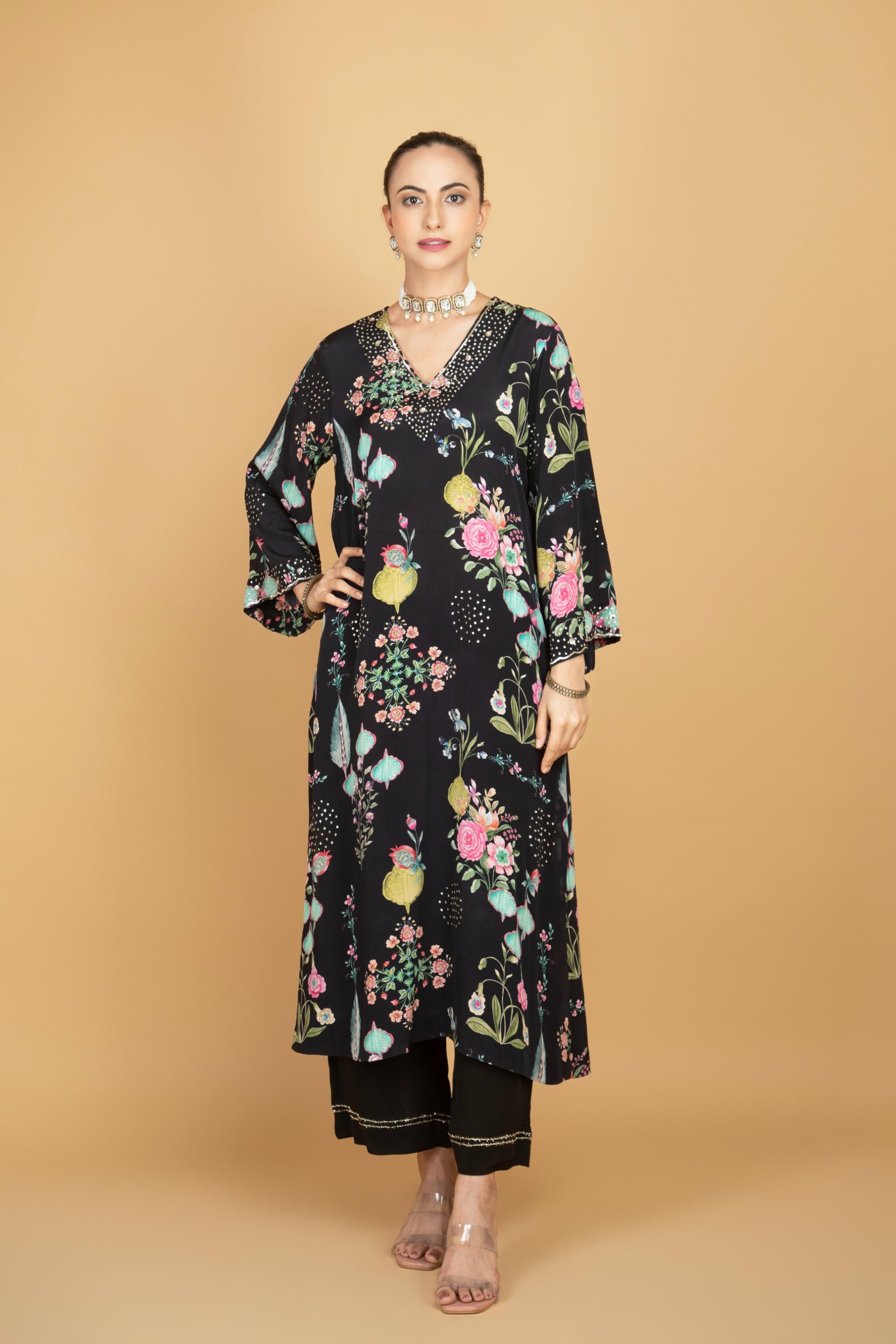 Black Floral Printed Sequin Embroidery Kurta with Pant & Dupatta Set