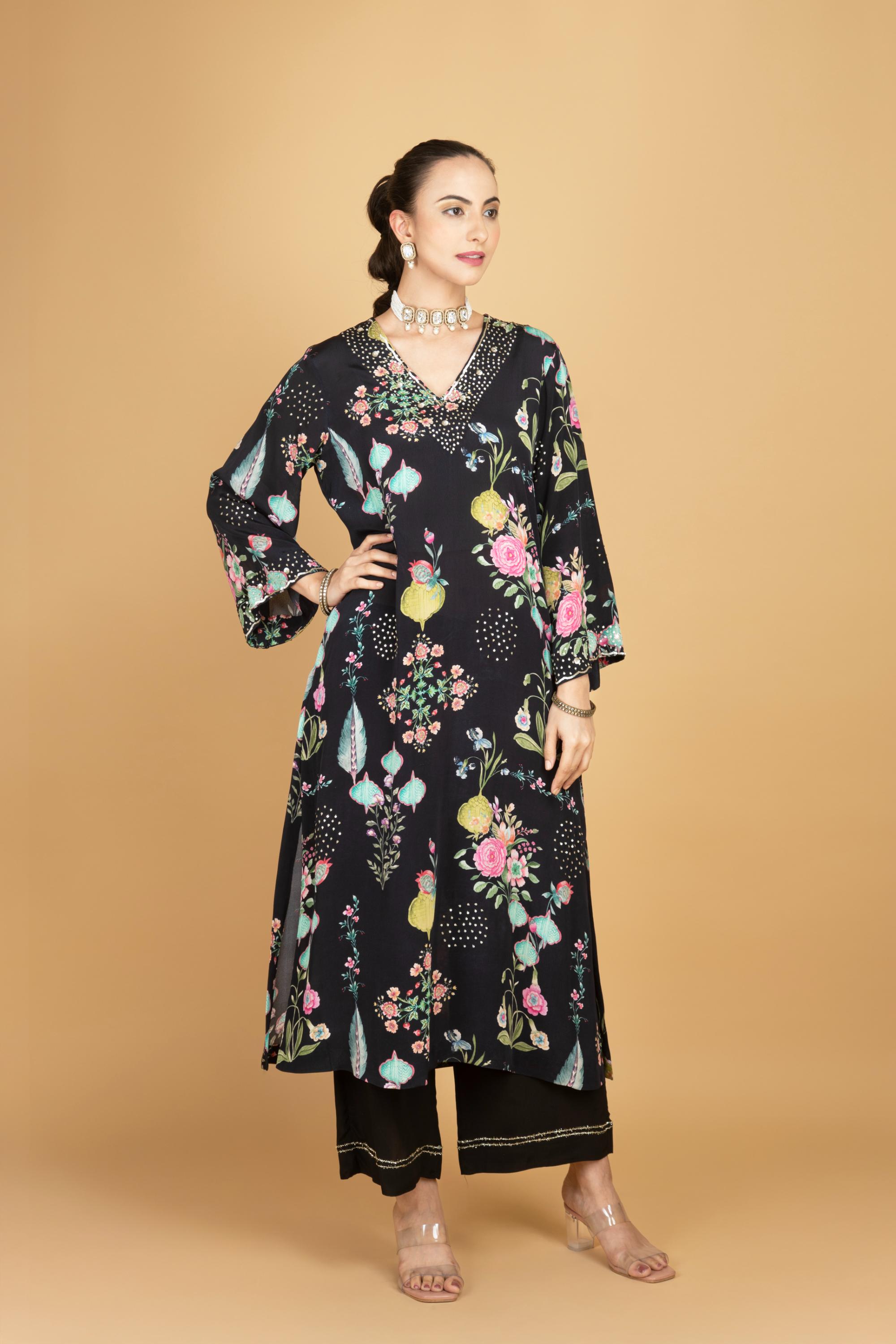 Black Floral Printed Sequin Embroidery Kurta with Pant & Dupatta Set