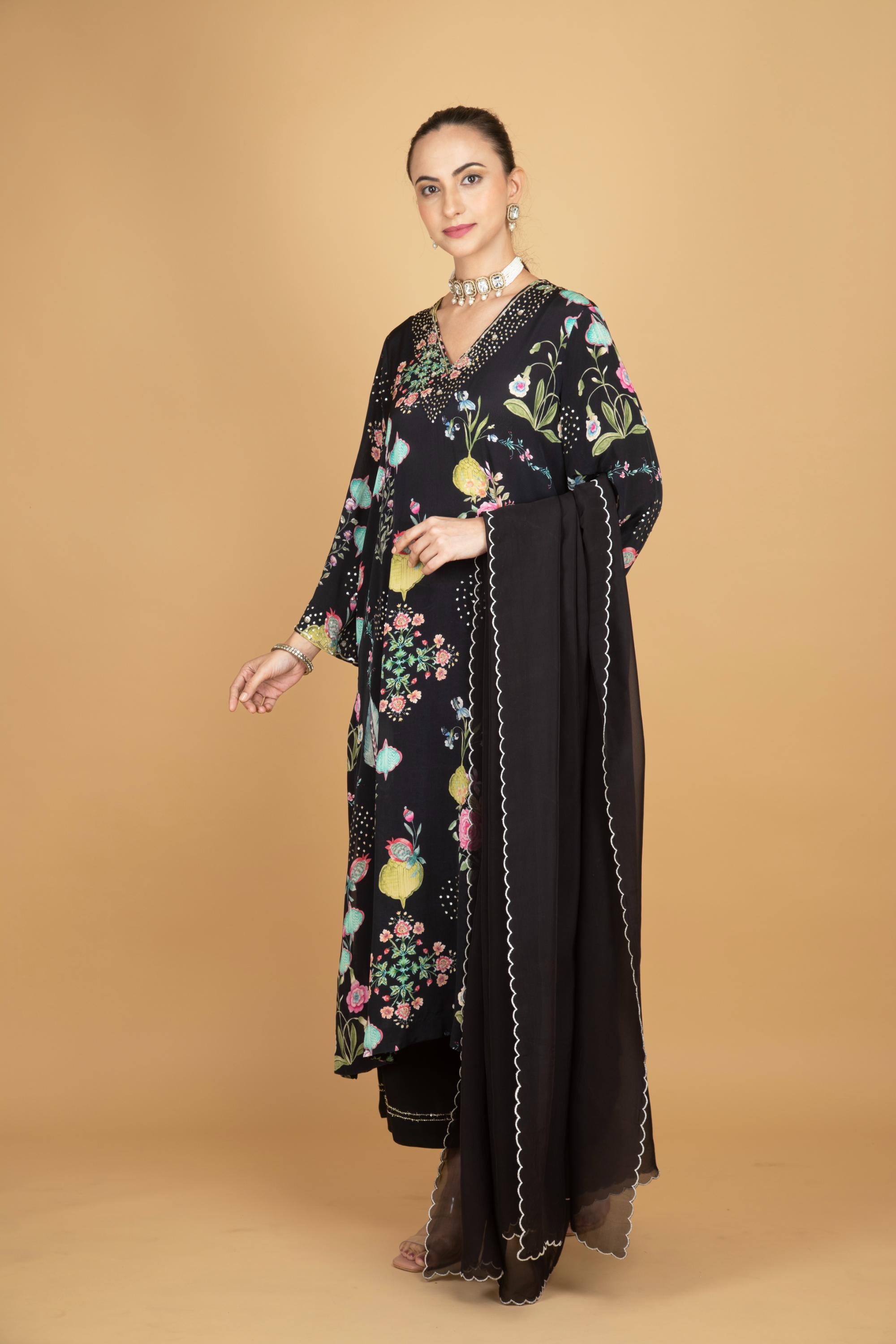 Black Floral Printed Sequin Embroidery Kurta with Pant & Dupatta Set