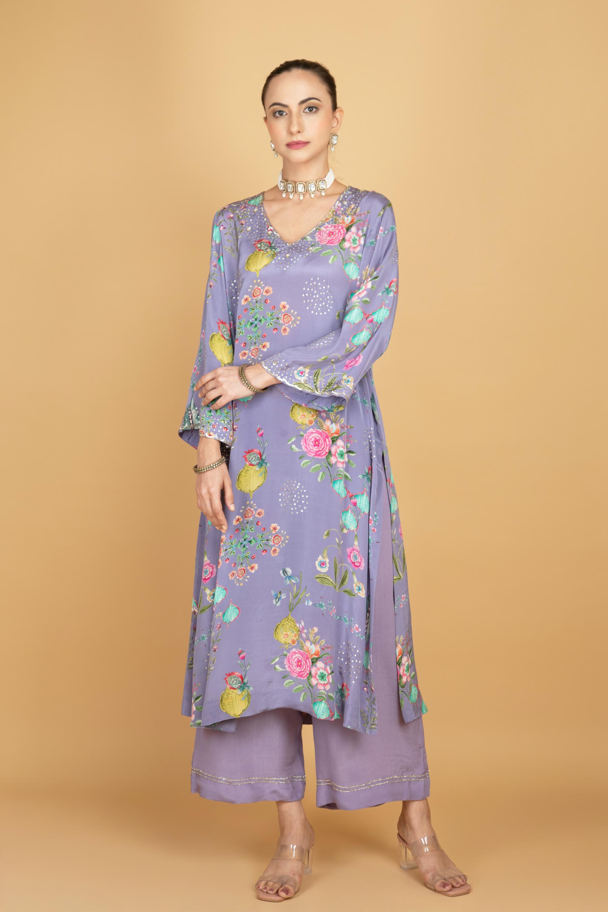 Purple Floral Printed Sequin Embroidery Kurta with Pant & Dupatta Set