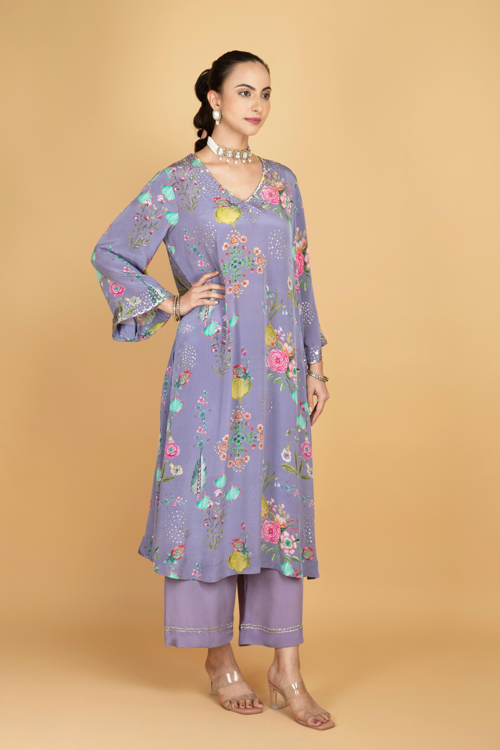 Purple Floral Printed Sequin Embroidery Kurta with Pant & Dupatta Set