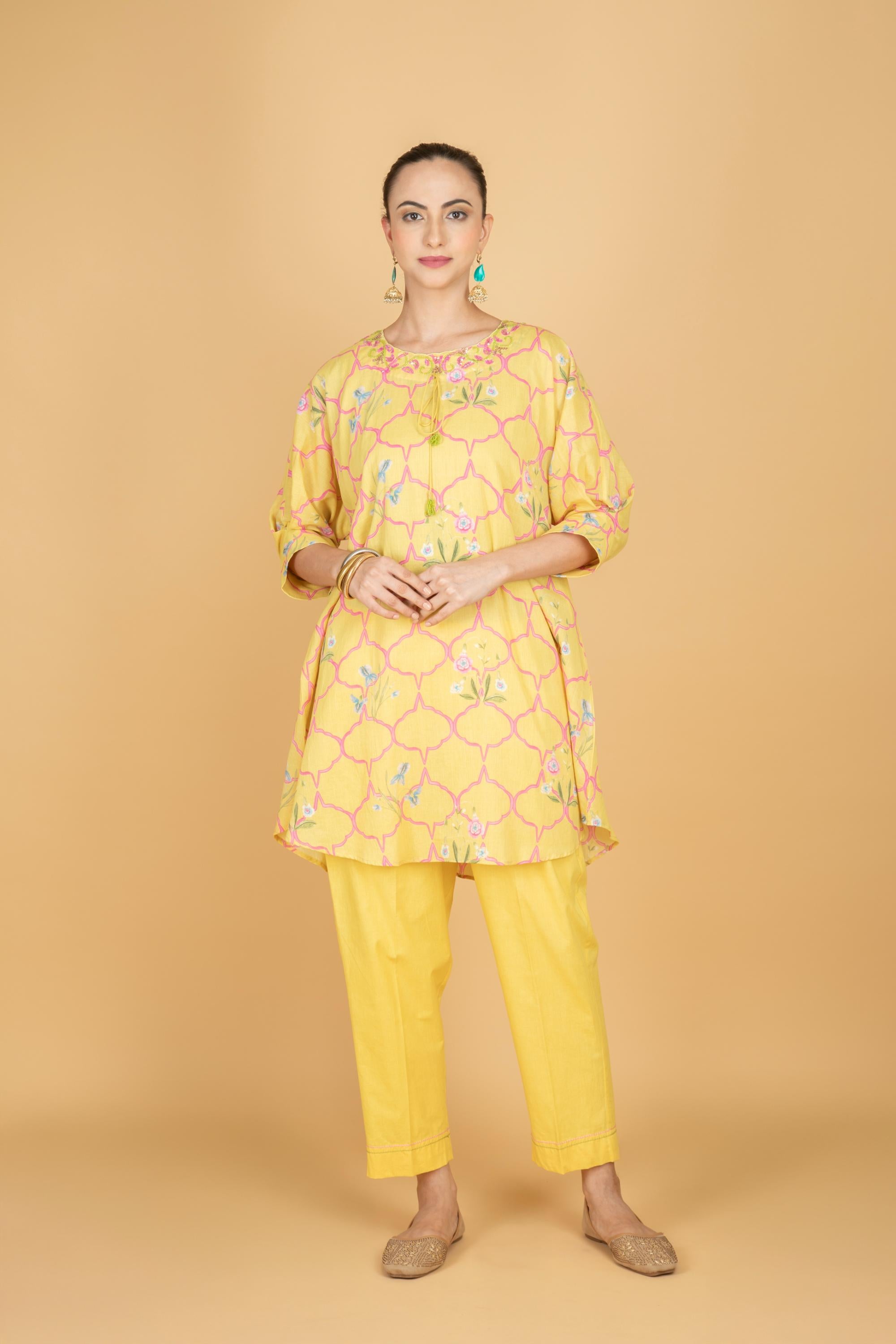 Lemon Yellow Embroidered Floral Print Short Kurta with Solid Pants