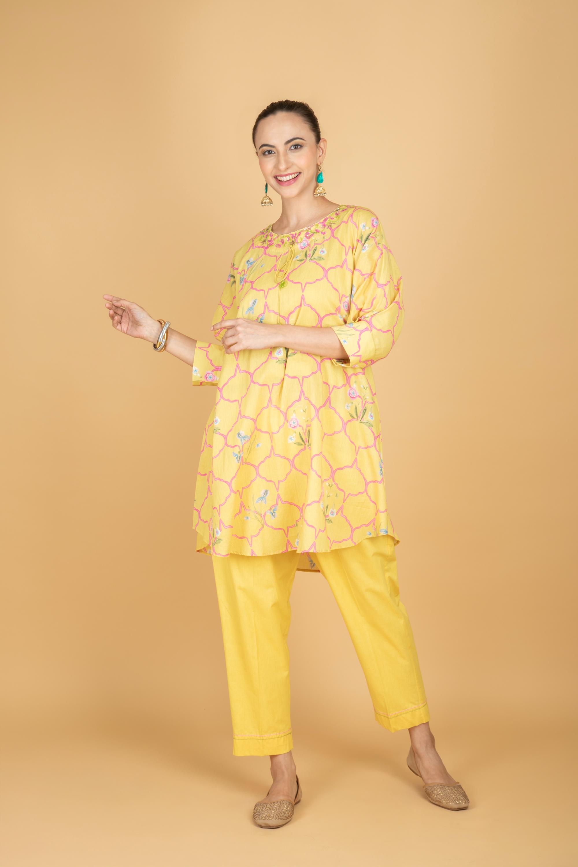 Lemon Yellow Embroidered Floral Print Short Kurta with Solid Pants