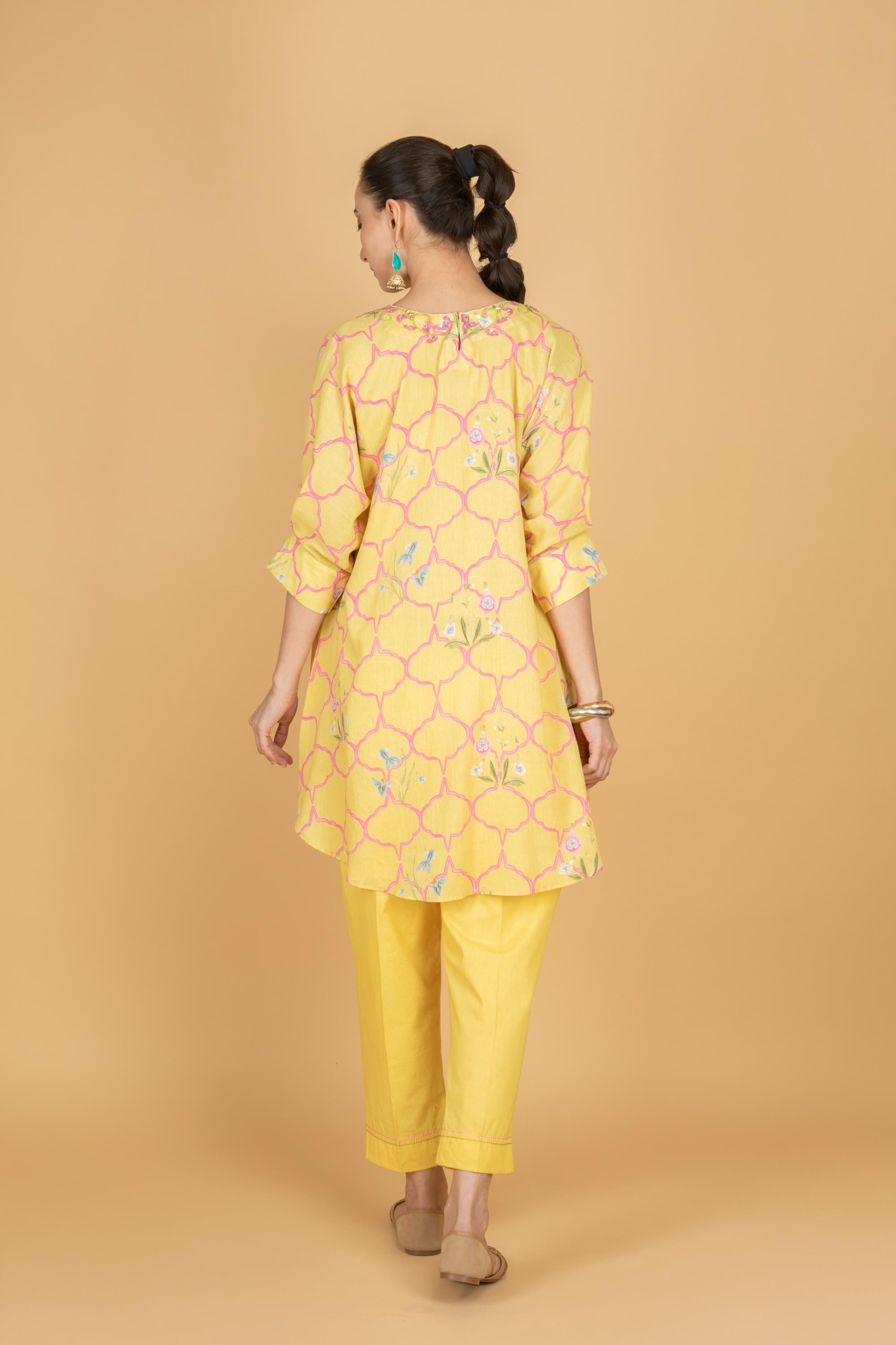 Lemon Yellow Embroidered Floral Print Short Kurta with Solid Pants