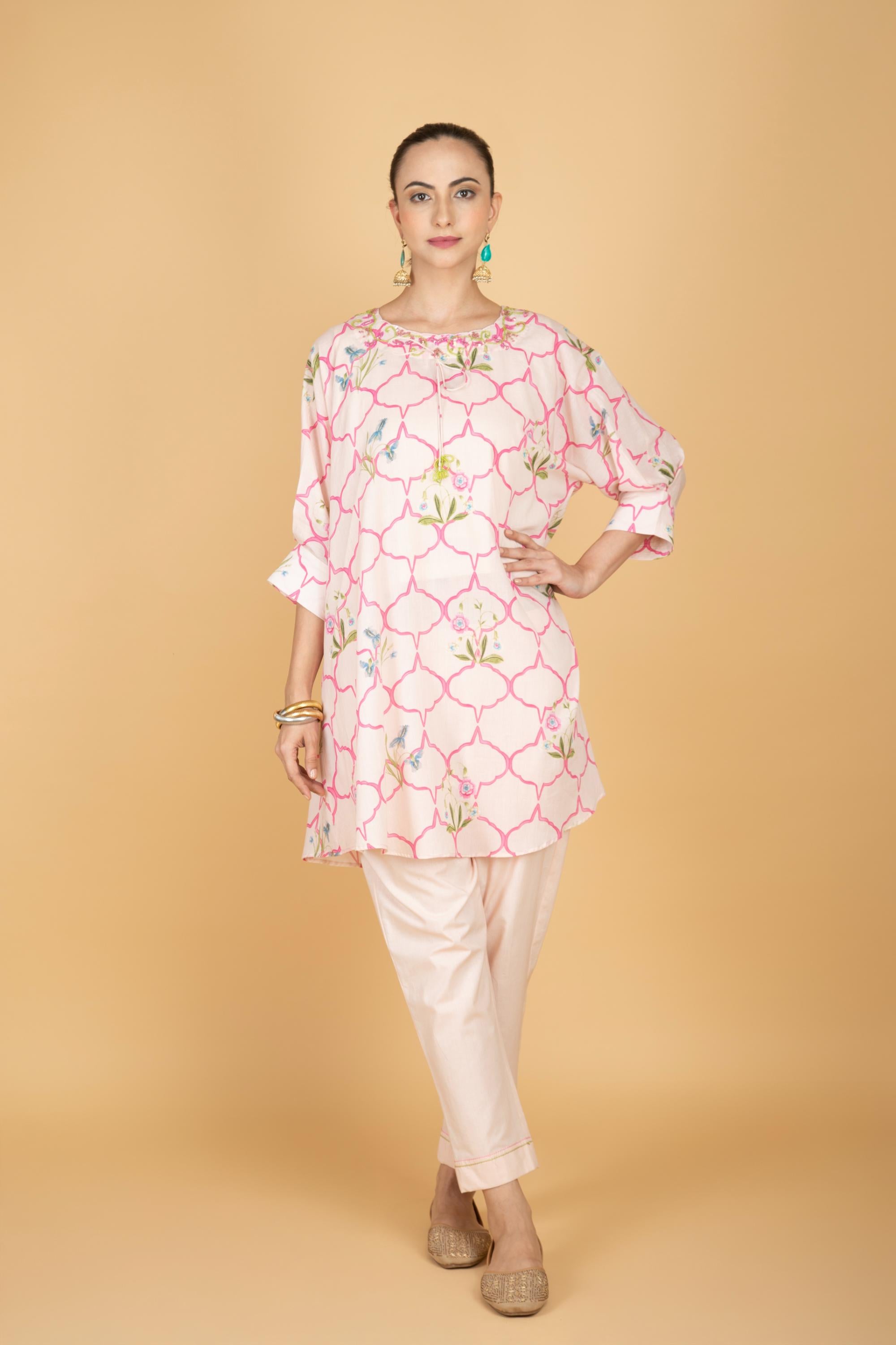 Nude Pink Embroidered Floral Print Short Kurta with Solid Pants
