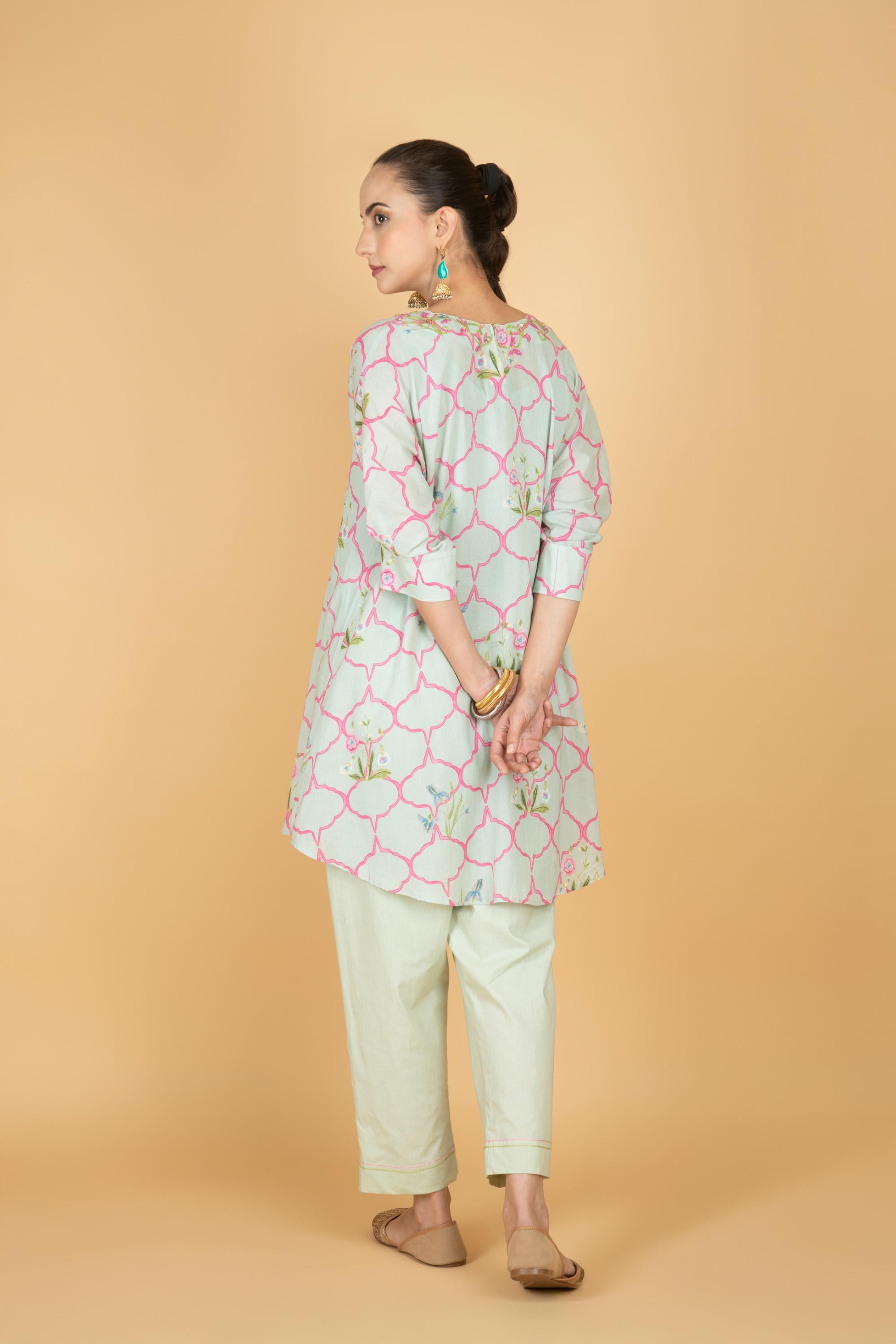 Green Embroidered Floral Print Short Kurta with Solid Pants