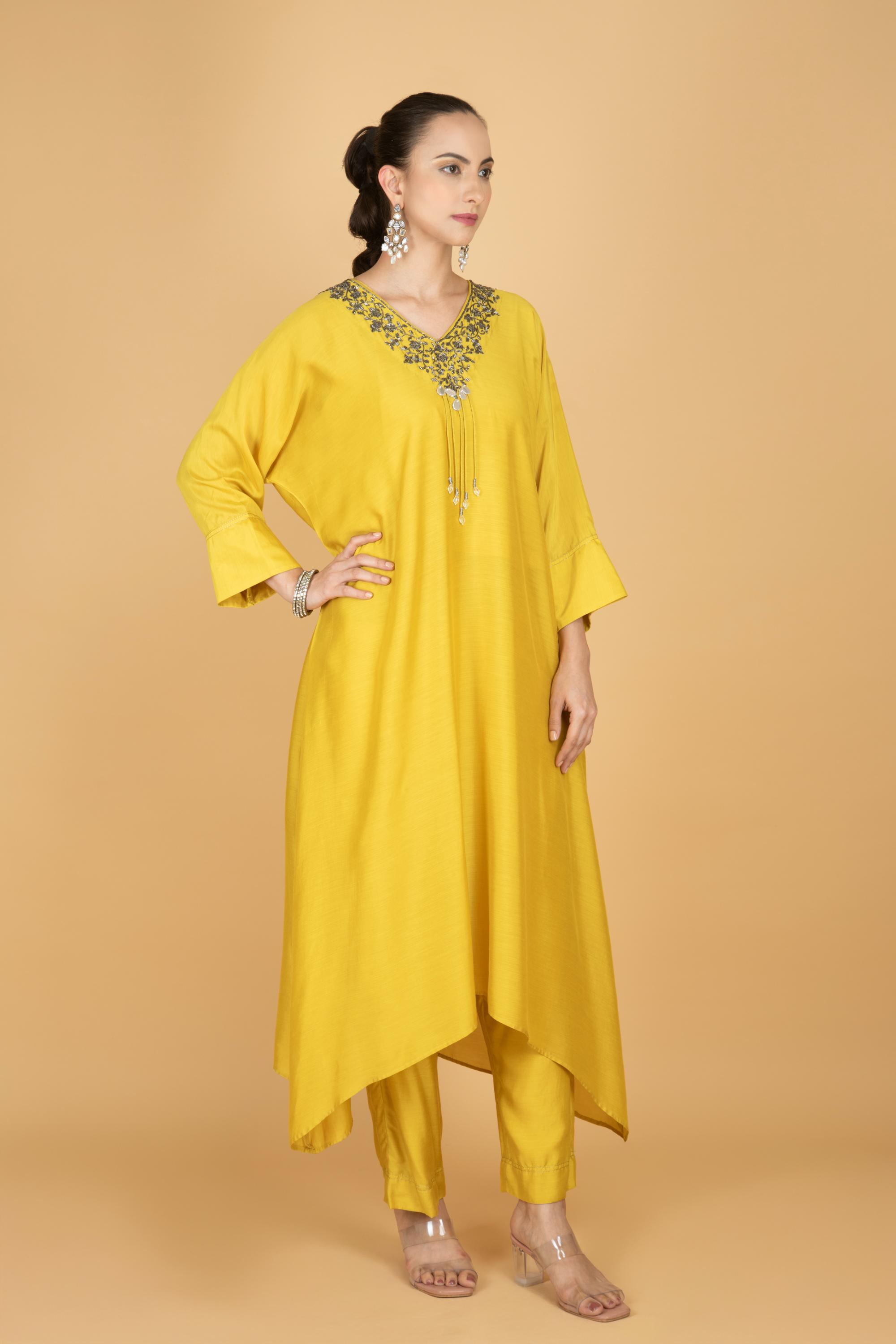 Lime Yellow Hand Embroidered Kaftaan Kurta W/Pants