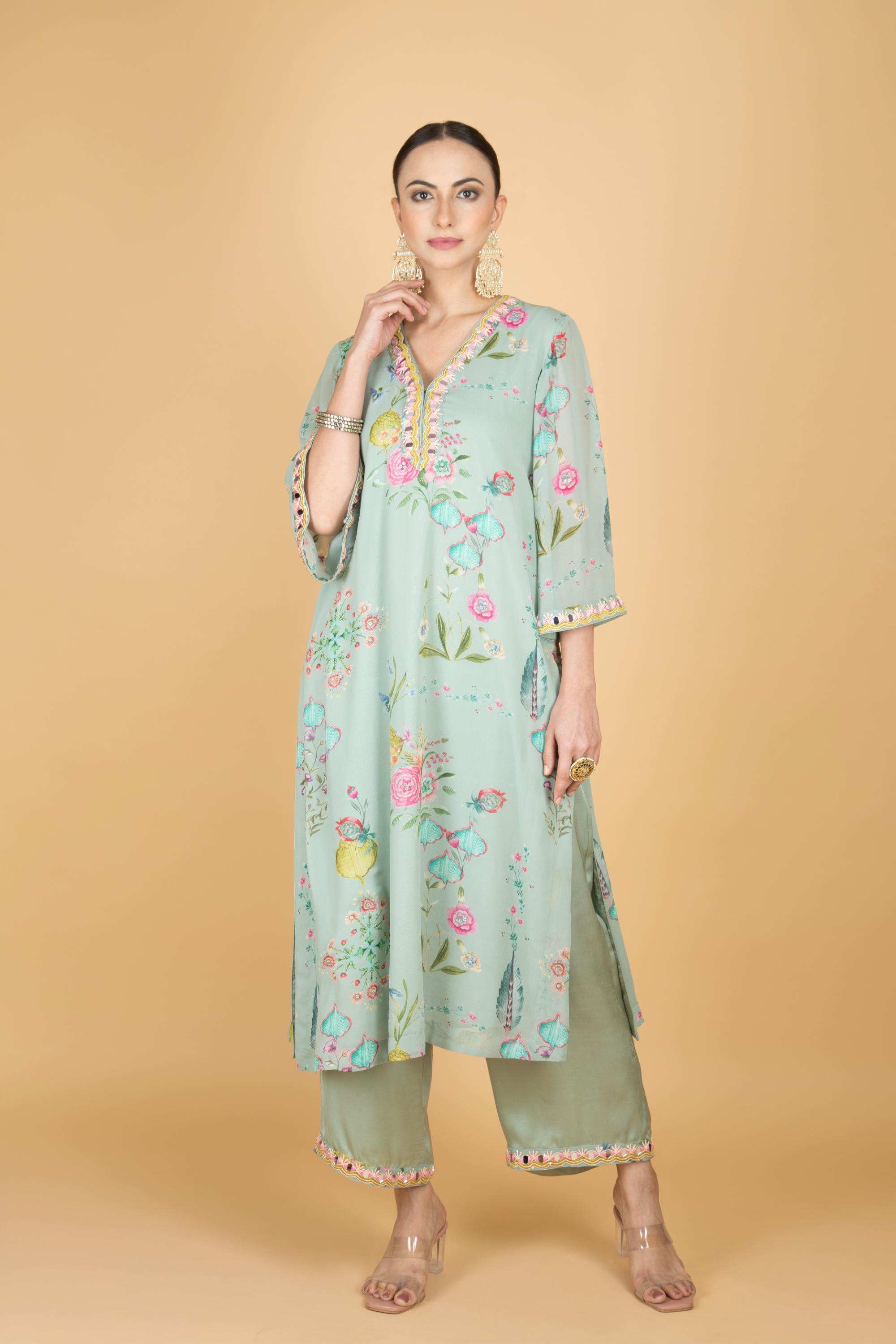 Green Floral Print Mirror Embroiderd Kurta With Pants & Dupatta