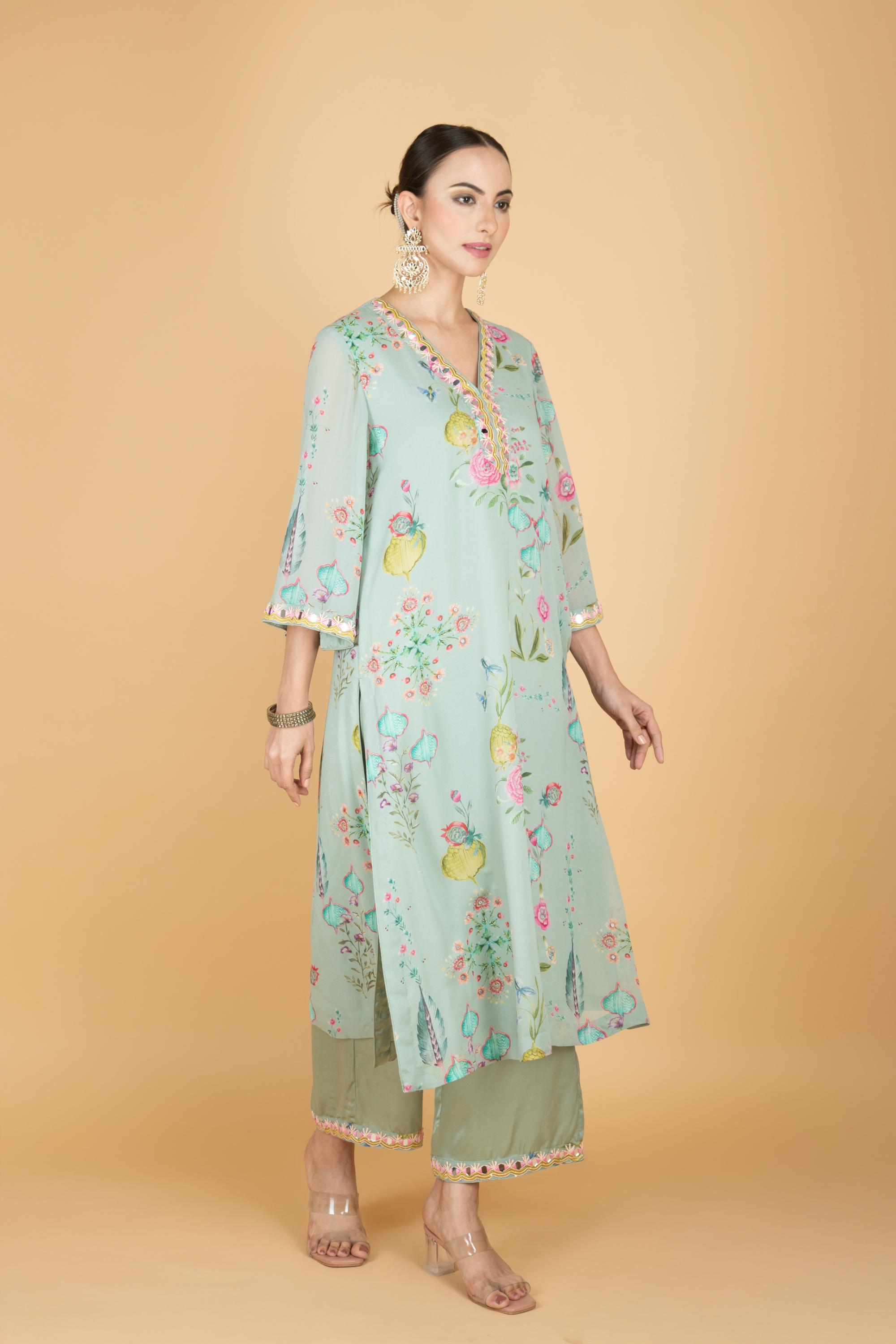 Green Floral Print Mirror Embroiderd Kurta With Pants & Dupatta